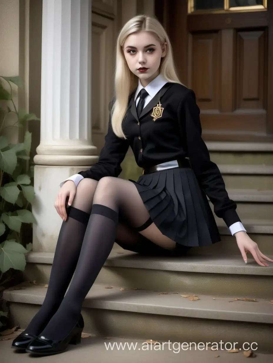Blonde aged 20 years old in black student uniform, Pleated skirt with gold border, Nude tights, sitting in model pose, Low-heeled shoes, in a background rich gothic home