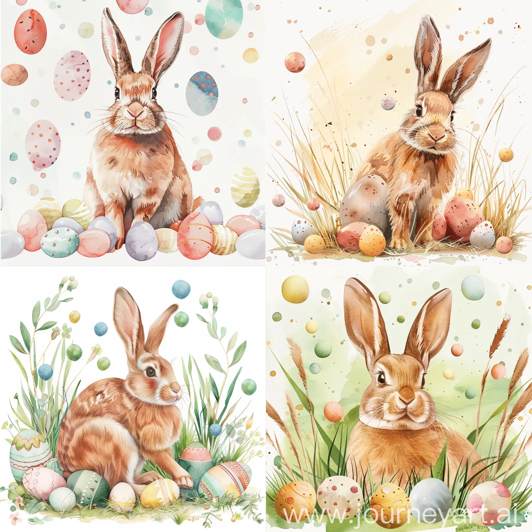Пасхальная открытка с кроликом шариками и яйцами в акварели
