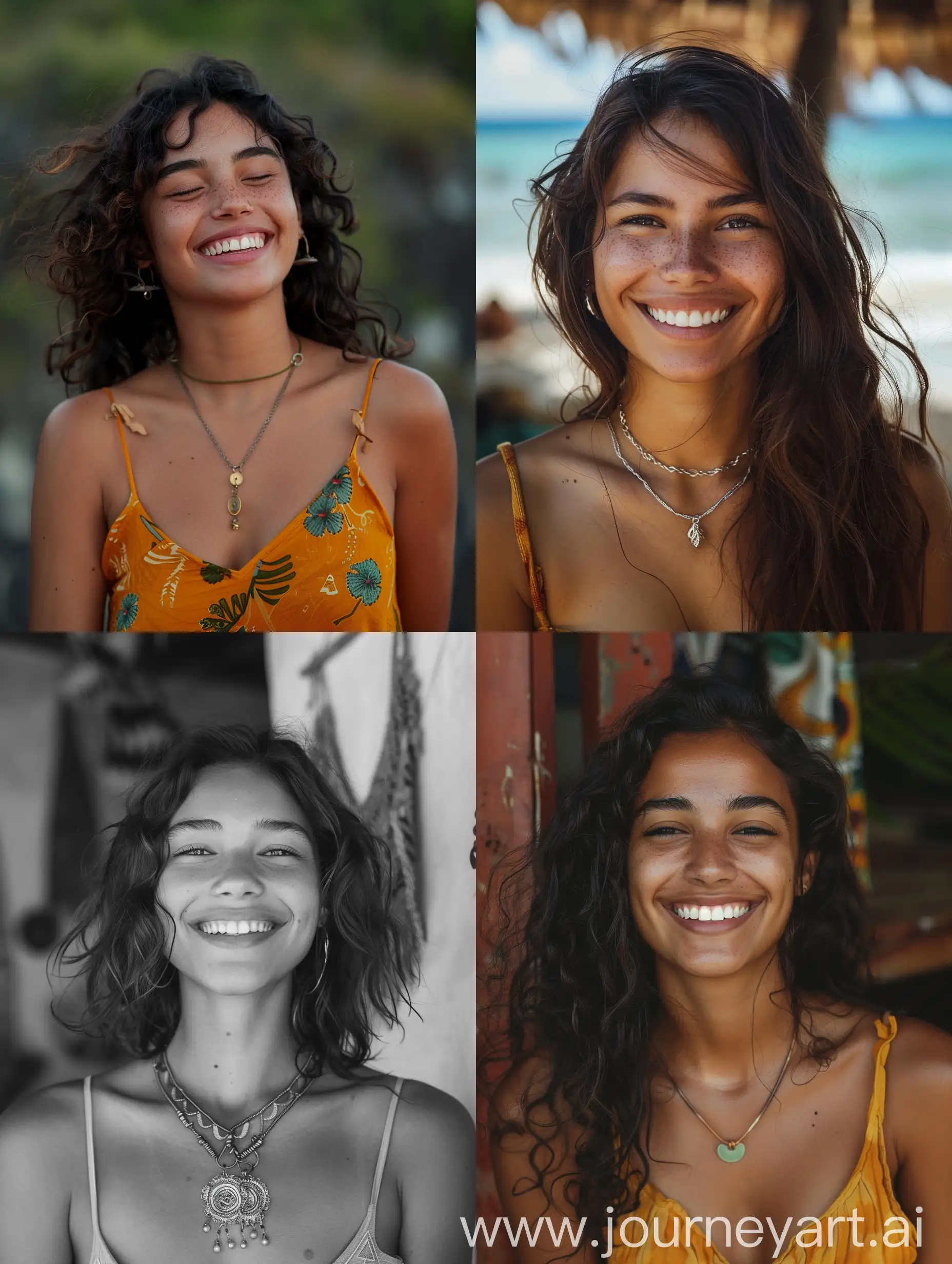 a girl smiling, in the style of reefwave, metalwork jewelry, goa-insprired motifs, eco-friendly craftsmanship, smooth and shiny, exotic, softly organic, dark hair, зфду 