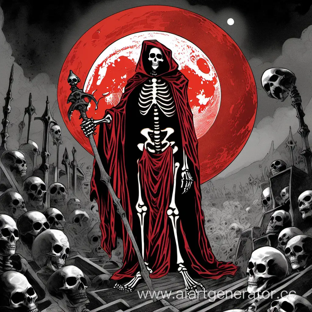 скелет одетый в одеяние некроманта зади него красная луна вокруг подченёные