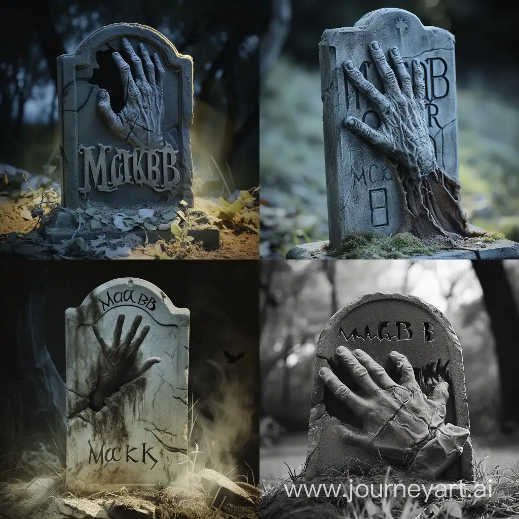 MackB written on a creepy tombstone with a hand coming out of it 