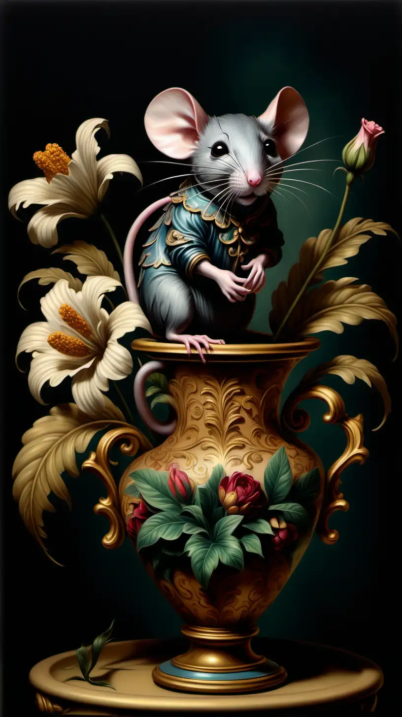 "a painting of a mouse in a flower vase, in the style of baroque-inspired chiaroscuro, mysterious jungle, realistic color palette, 8k resolution, tattoo-inspired, sfumato, rococo decadence --ar 93:128 --s 750 --v 6.0 dynamic lighting storybook illustration"
