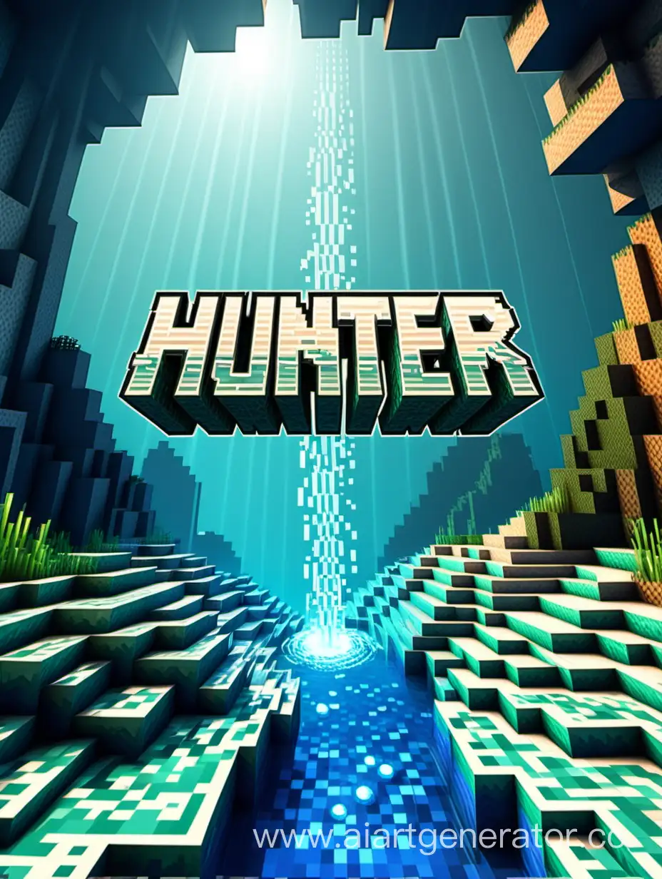 Water background in Minecraft style with the inscription Hunter