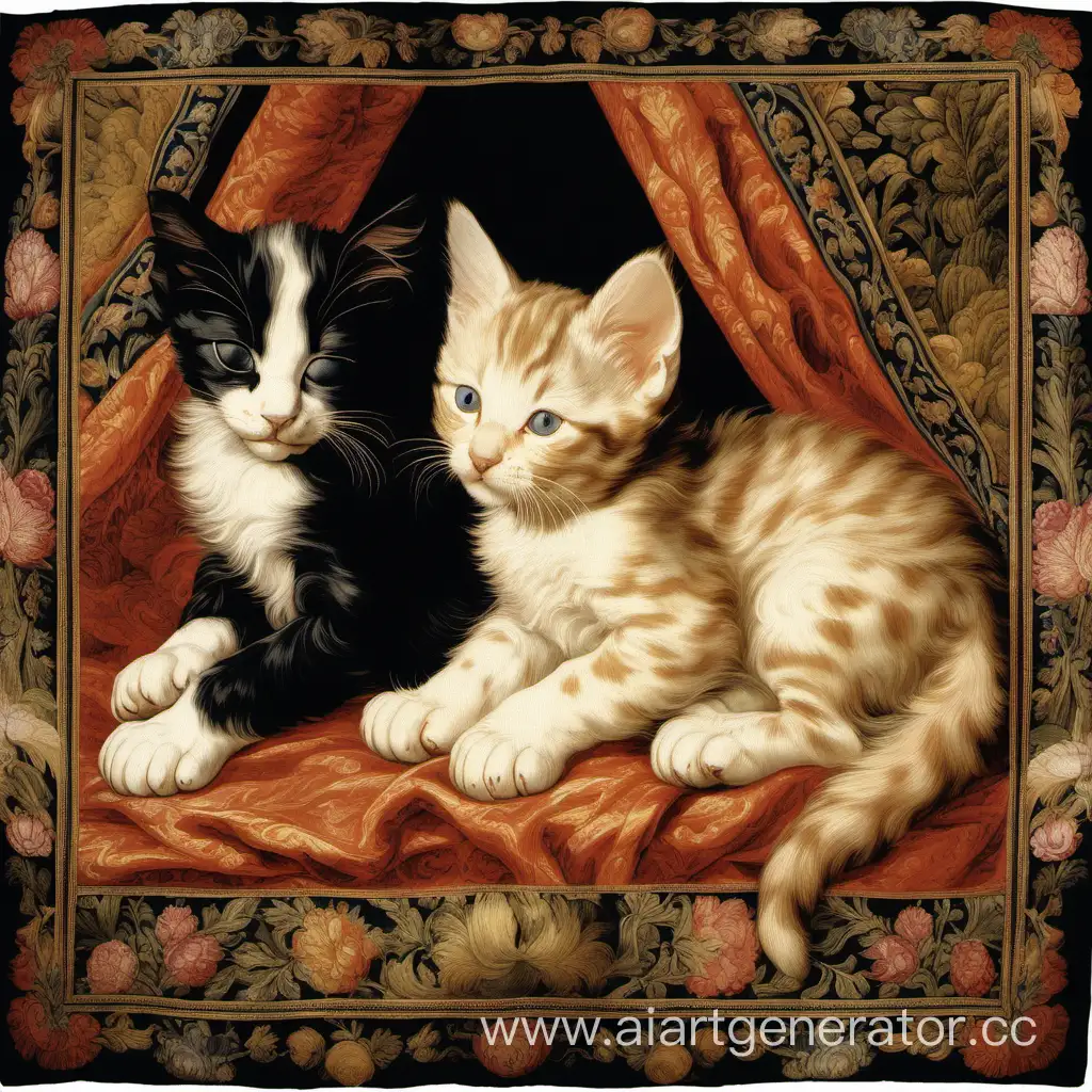 Adorable-Puppy-and-Kitten-Cuddling-on-Luxurious-Flemish-Tapestry-Cushion