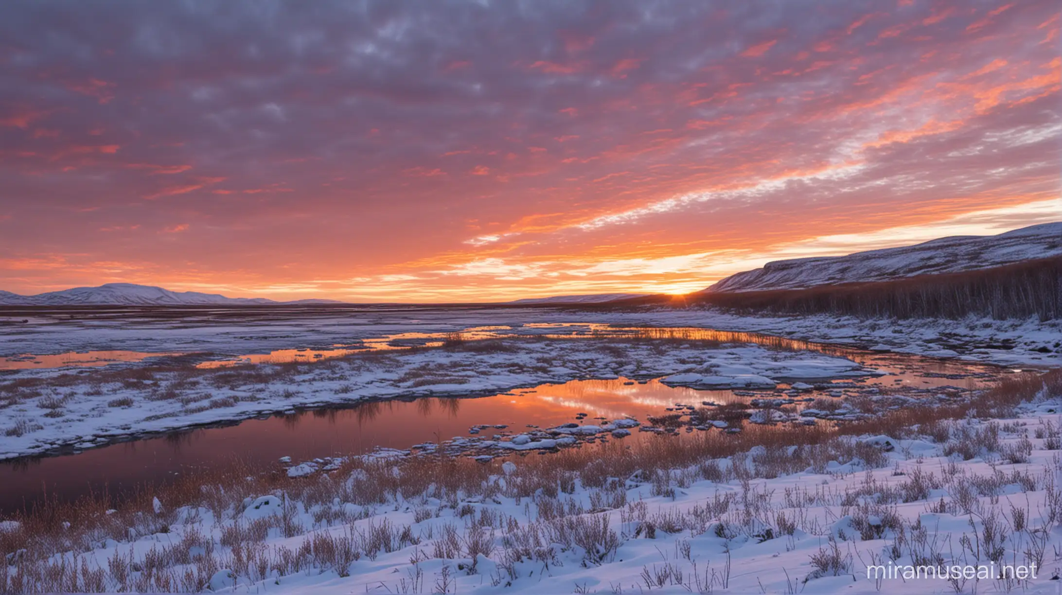 Tundra-style sunsets are very beautiful in the tundra biome and the tundra-like sky is very beautiful There was a 16 year old man standing on the river bank,