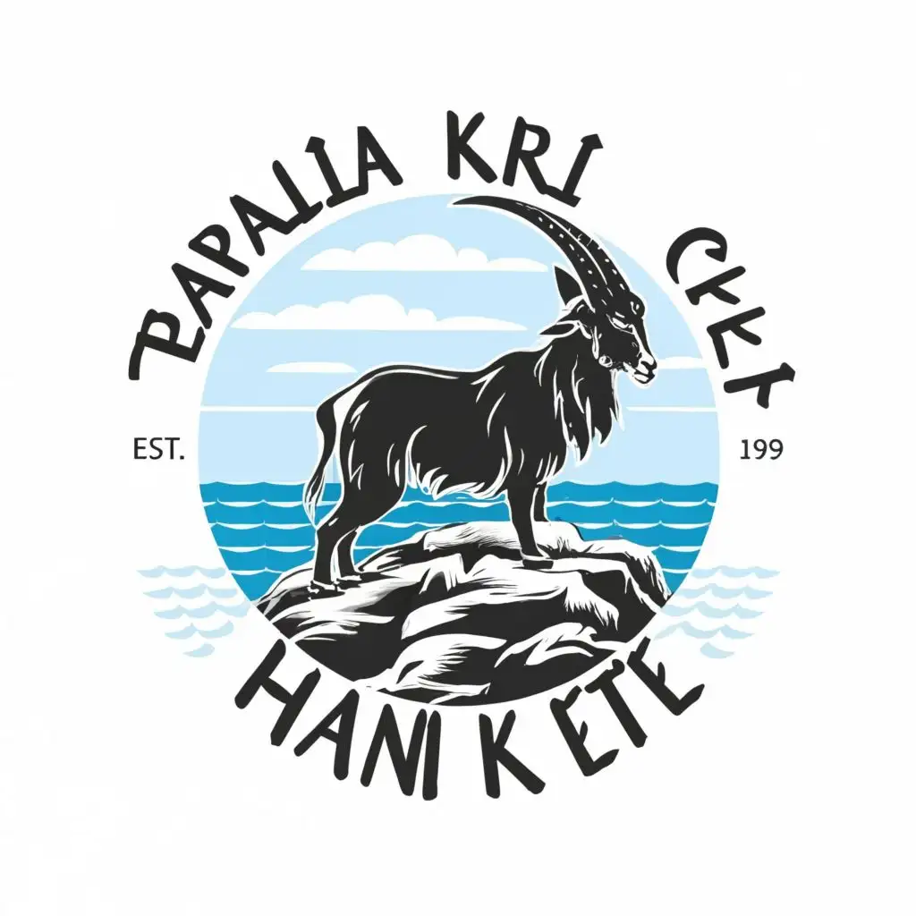 logo, Black and white ancient majestic mountain goat standing on rocks overlooking the ocean in Greece, with the text ""Paralia Kri Kri" Chania, Crete", typography, be used in Finance industry