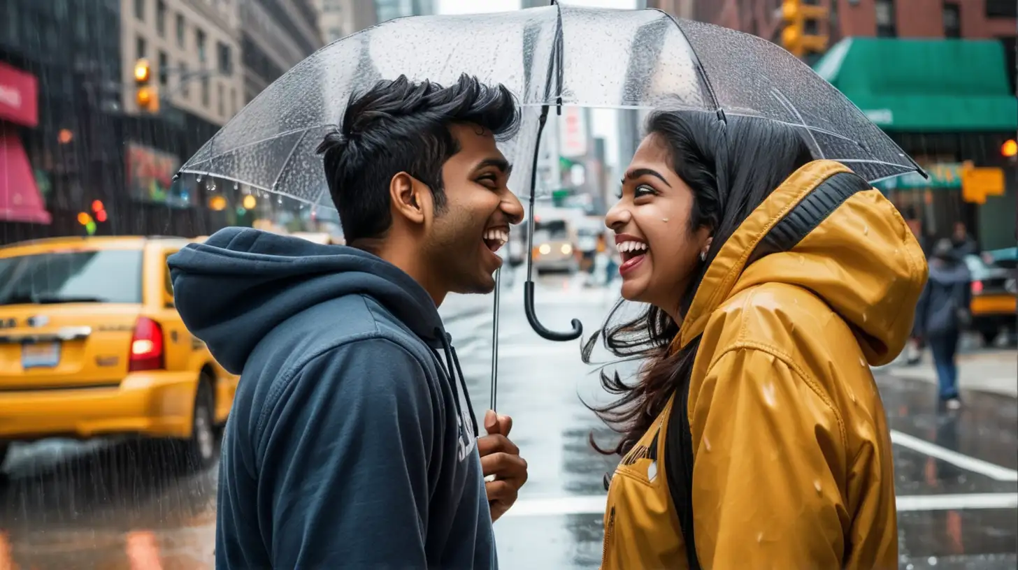 Romantic Moment Indian Guy Falls in Love with Laughing Woman in New York Rain