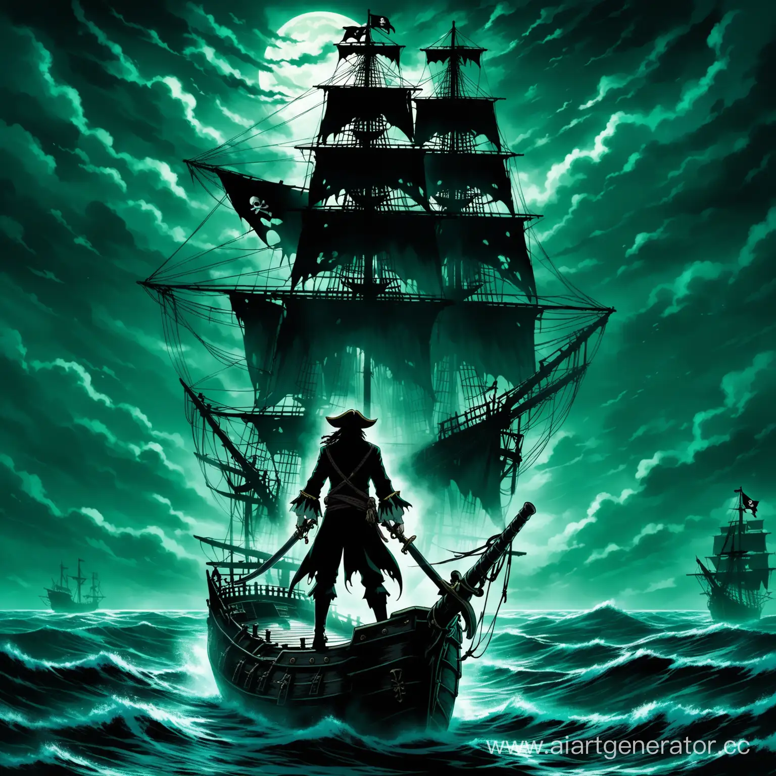 пират с голым торсом держит в руках мечи и стоит на корме летучего голландца, страшная пугающая атмосфера, в стиле анимэ