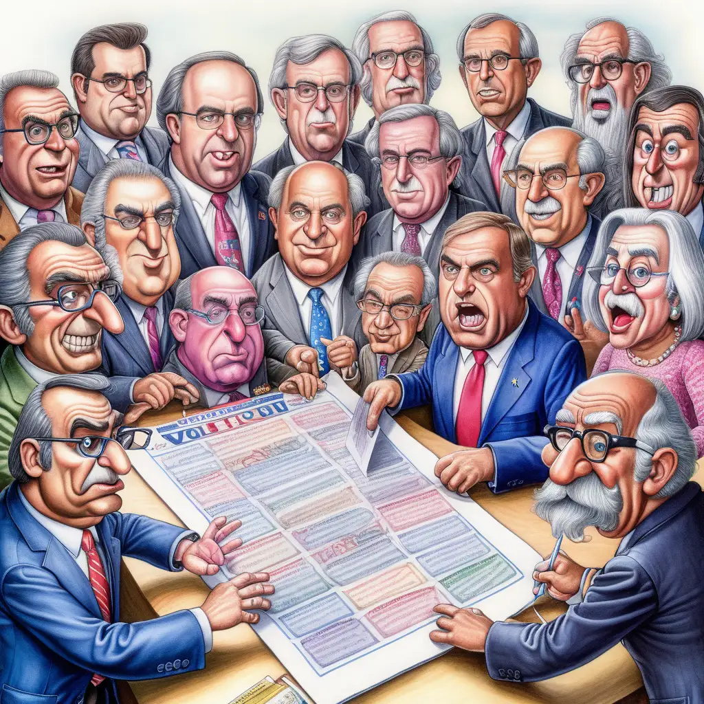 Create a vivid image of political parties in the EU and voting lists. The image must be in the style of Matt Wuerker