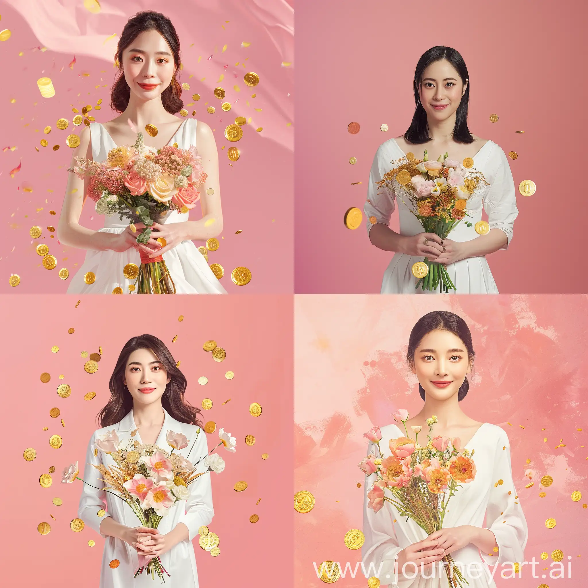 A Asian warm woman in a white dress，open eyes，look straight ahead and smile，holding a bouquet of flowers with gold coins in them, gold coins scattered around them, full-body shot，on a pink background, hand-painted illustration style
