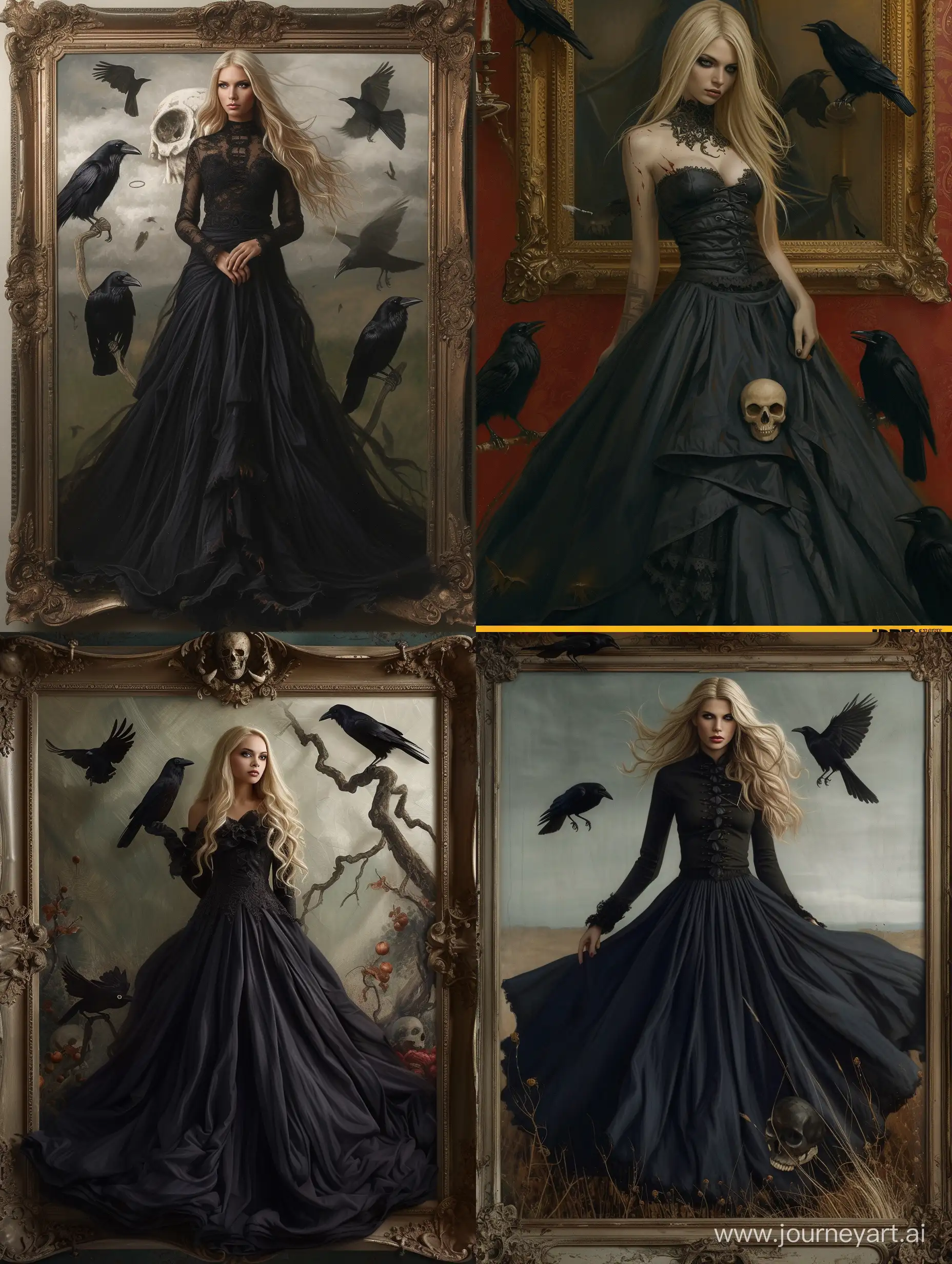 Trish, DMC5, fantasy art, beautiful necromancer girl, DND style, the sorceress, blonde, crows and a skull, DND style, sorceress, long black dress, hyperrealism, dramatic frame, photorealism, scene from hyperrealism, dramatic frame, photorealism, a scene from a movie