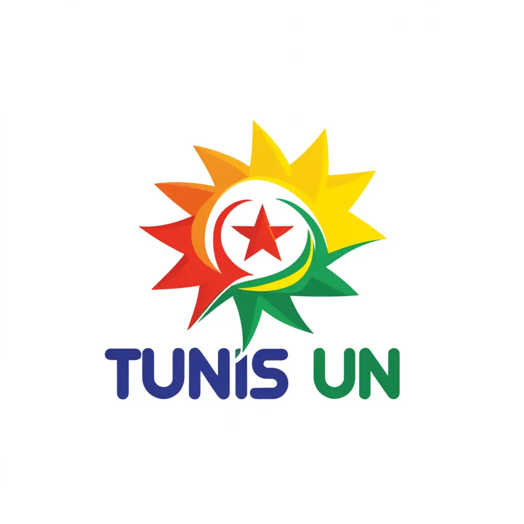 a logo design,with the text "Tunisun", main symbol:tunisian flag star and crescent, sun rays, yellow, green, blue, energy,Moderate,be used in Nonprofit industry,clear background