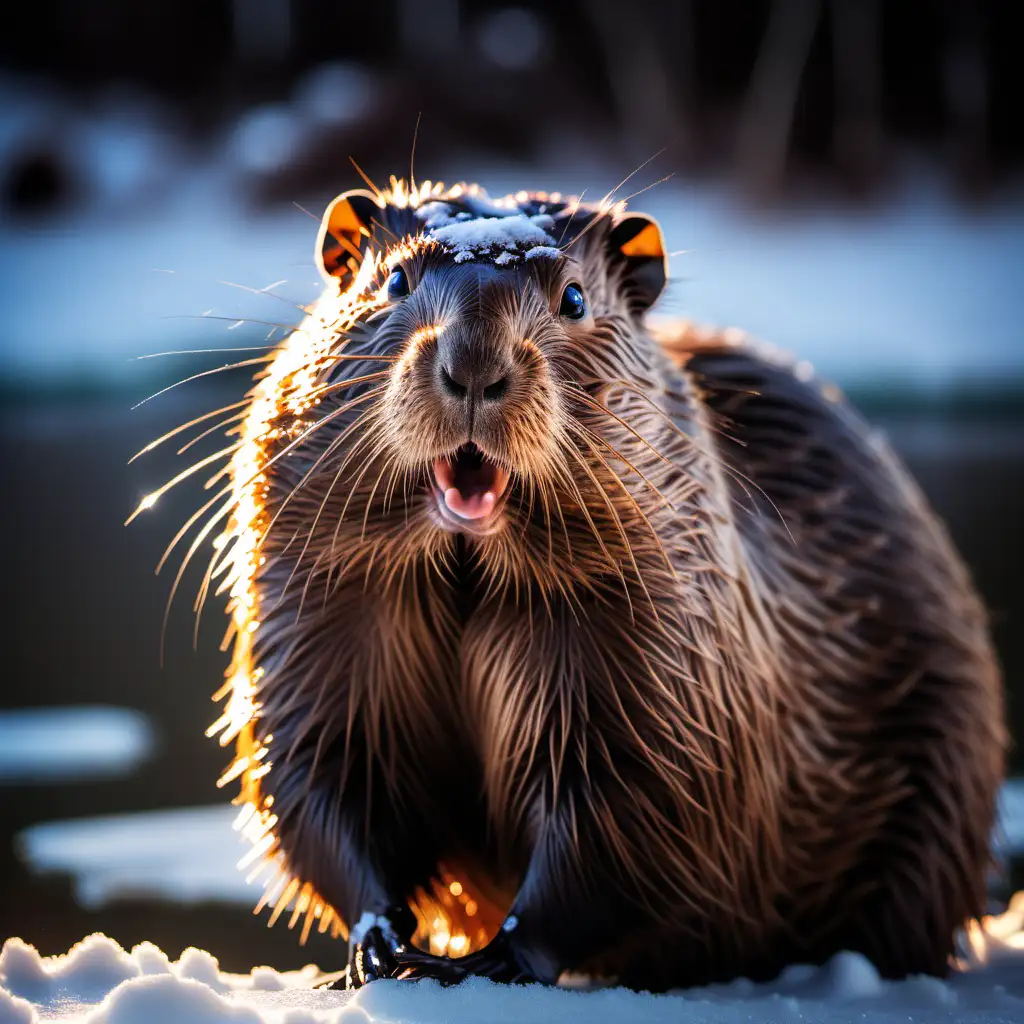 Majestic Beaver Portrait with Textured Fur by Snowy River at Sunset