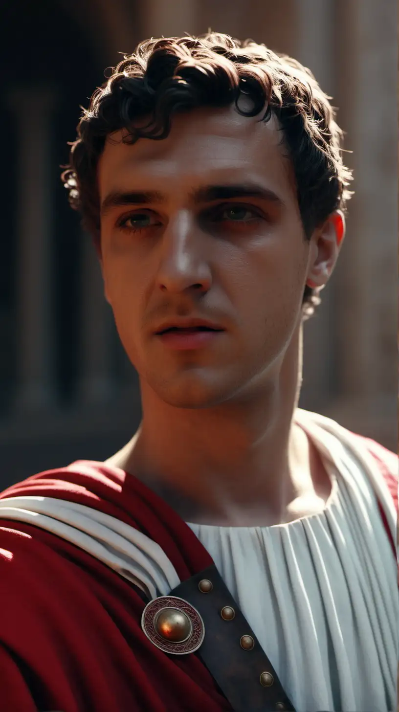 Generate an image depicting an ancient young  Roman citizen male portret dressed with white and red clothes looking upright. close up view. 4k