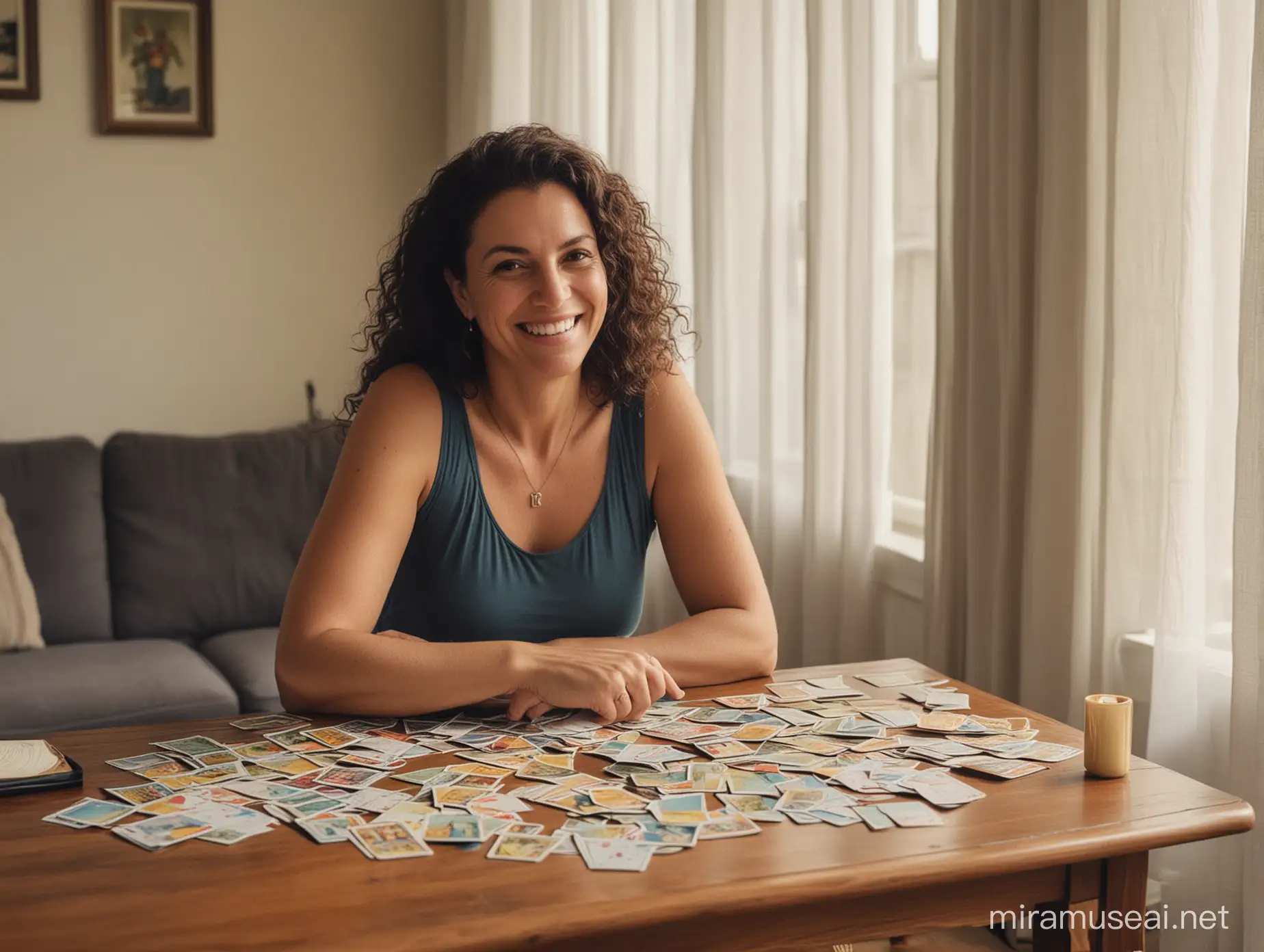 phone photo ofsimple middle-aged Brazilian woman smiling at the camera and playing tarot cards in the living room of her bright and simple house with natural light coming in through the window posted to reddit in 2019, --style raw --s 0 --ar 9:16