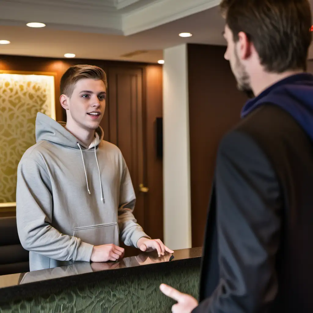 young white man in hoodie, standing at hotel front desk, talking to, employee in suit