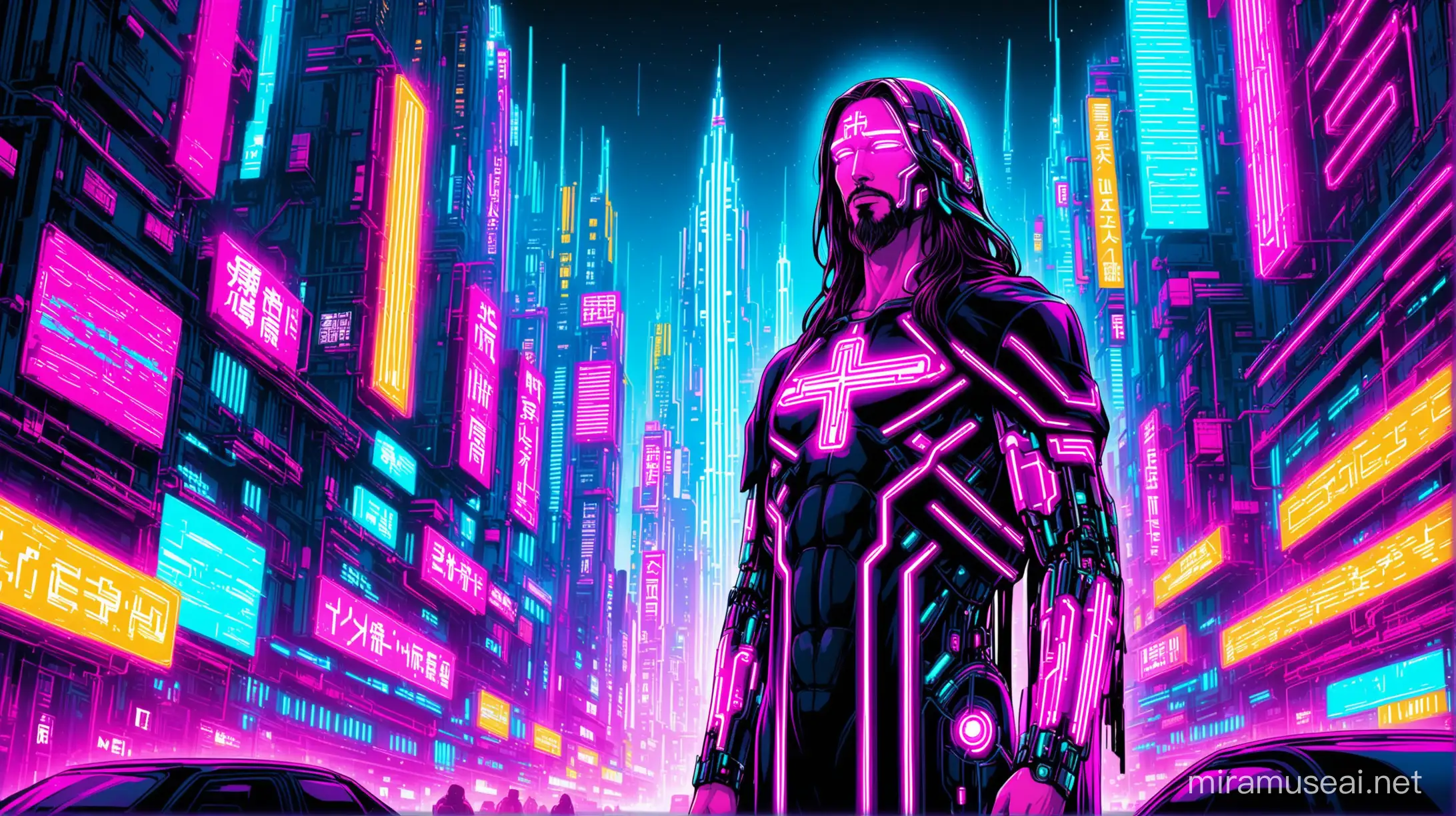 Cybernetic Jesus Illuminating Neon Cityscape
