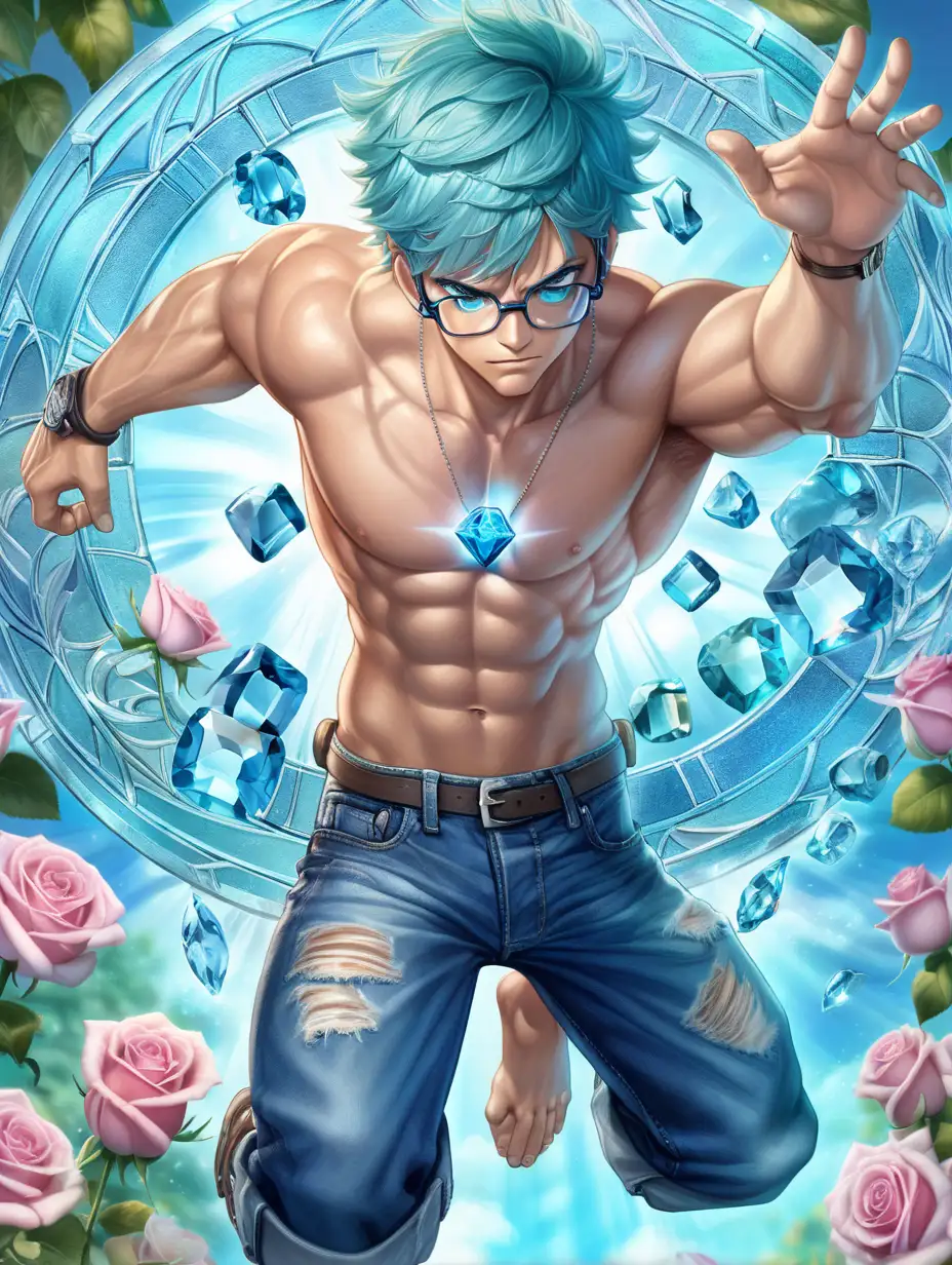 Aquamarineeyed Shirtless Hunk Ascends with Energy Crystal Glow