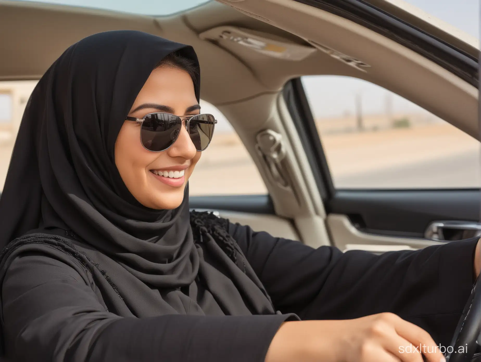 Women’s proficiency in driving a car on main roads, adherence to public security and safety rules, the importance of learning to drive for women, a close-up photo of a smiling Saudi Gulf Arab woman wearing sunglasses and black abaya, the concept of independence and self-reliance.
