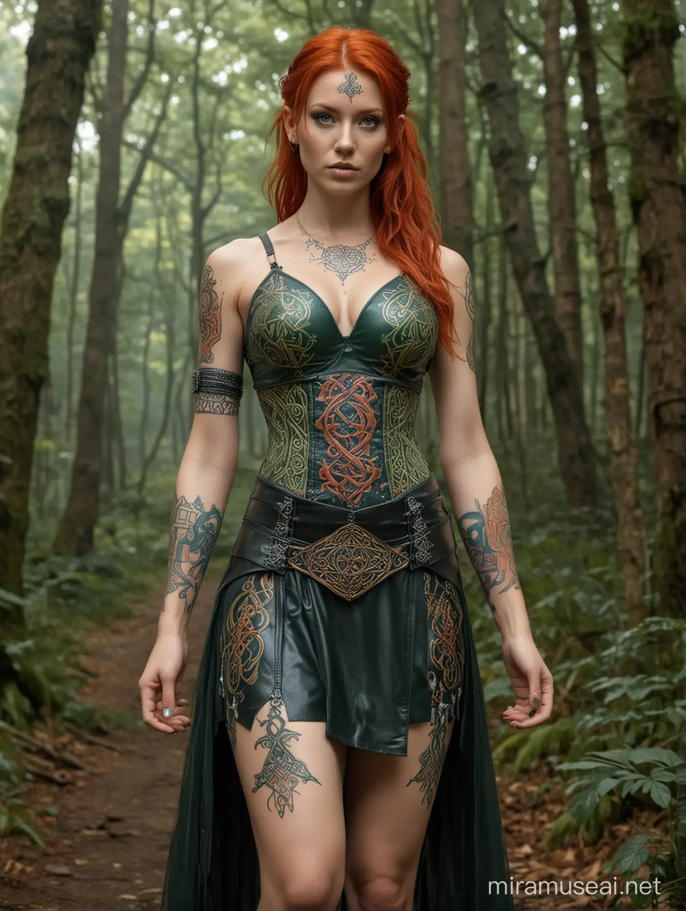 ultrarealistic high detail full body long shot showing an anatomically correct female with fiery red hair decorated with silver, colourful draconic symbols tattooed on arms, wearing a small sheer green sleeveless showing big greasts, open front leather top engraved with celtic runes in gold, with a loose short blue skirt embroided with colourful elven symbols, sitting in a forest