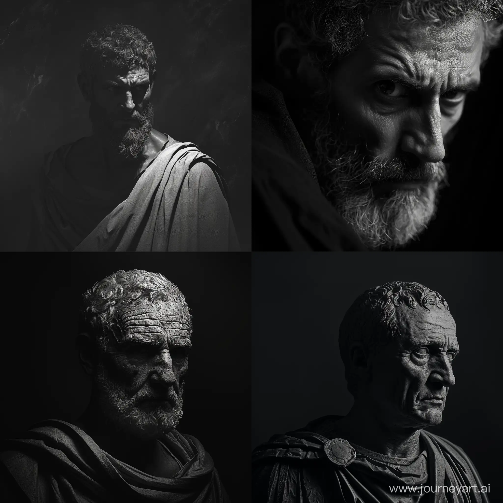 cinematic portrait of the stoic Lucius Annaeus Seneca in black and white:: cinematic lightning, dramatic lightning, 8k, shadows,  — ar 16:9 — s 250