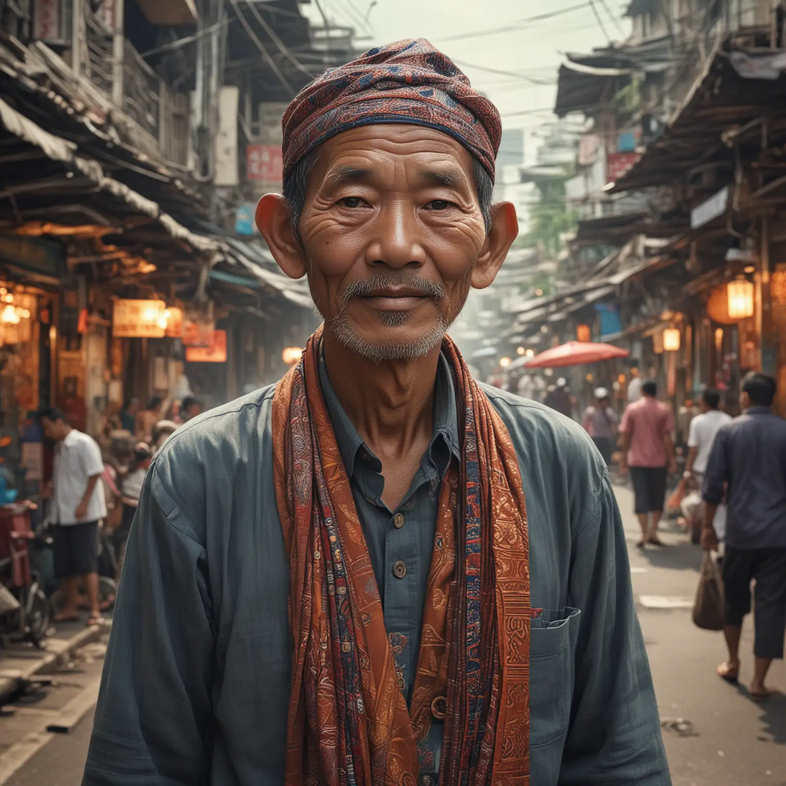 Weathered Thai Man Navigating Vibrant Bangkok Streets