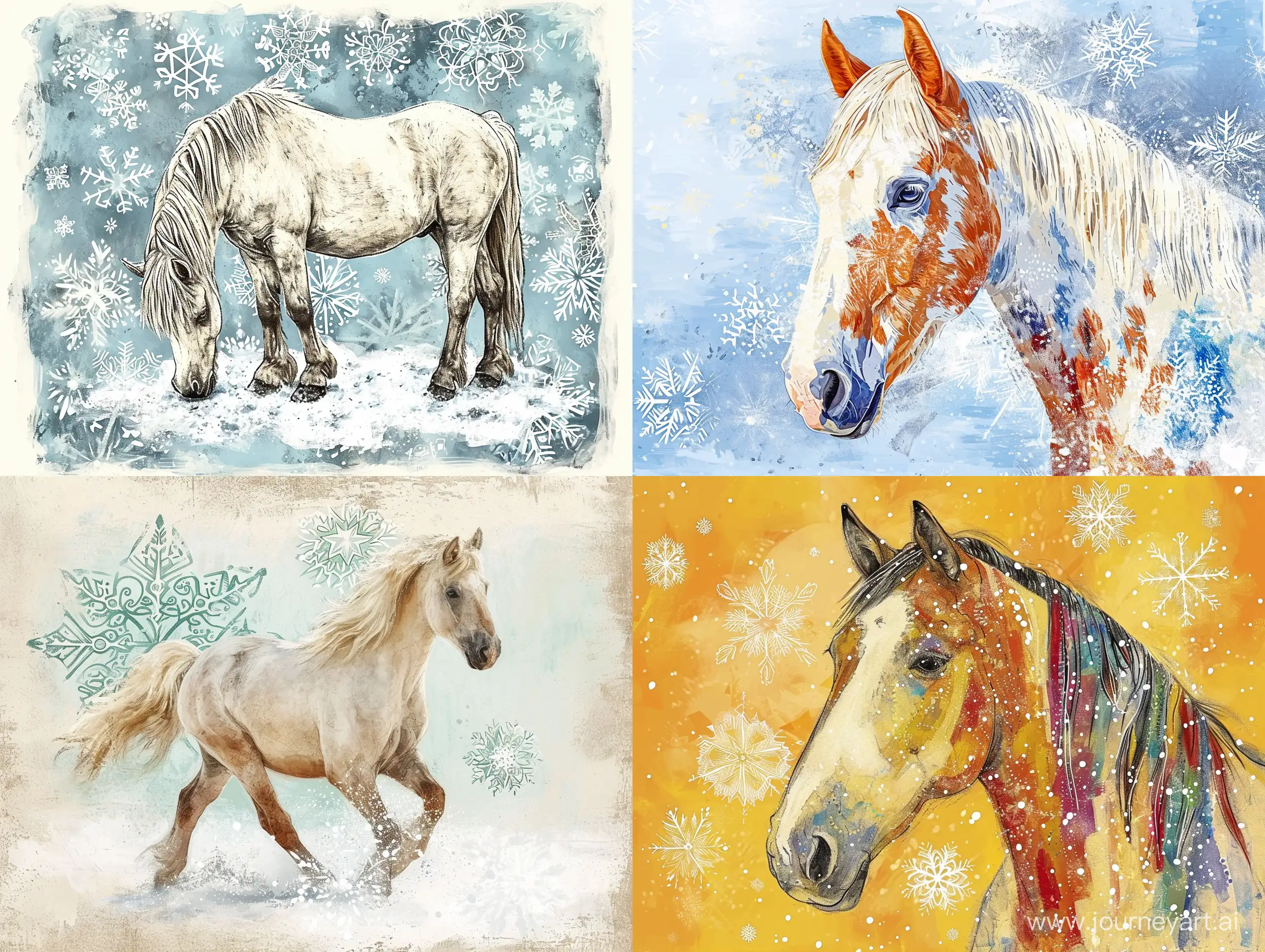 рисунок, лошадка в стиле детский рисунок, снежинки,  примитивизм,  фолк-арт, фон Pantone Serenity нежный, наивное искусство