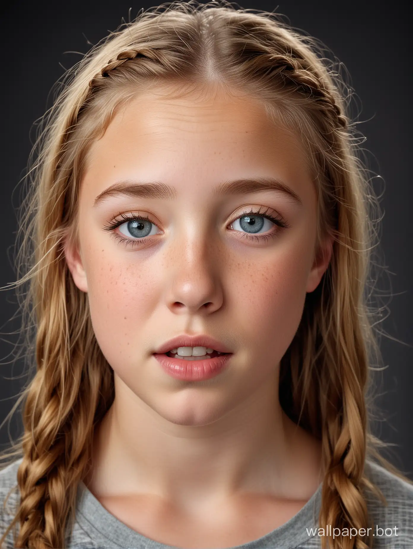 Professional studio portrait photograph with the most intricate detail. A beautiful little 9 year old preteen Caucasian girl. She has a perfect most gorgeous alluring little preteen child face, blue eyes, slight freckles, ginger blonde braided hair. Natural skin. Thin wide mouth with thin lips. She looks almost engelic in her beauty. Surprised confused expression. She has a perfect little preteen child body, short stocky stature, tiniest little flat undeveloped preteen child breasts, puffy nipples, slender waist, round broad hips, curvy thighs.