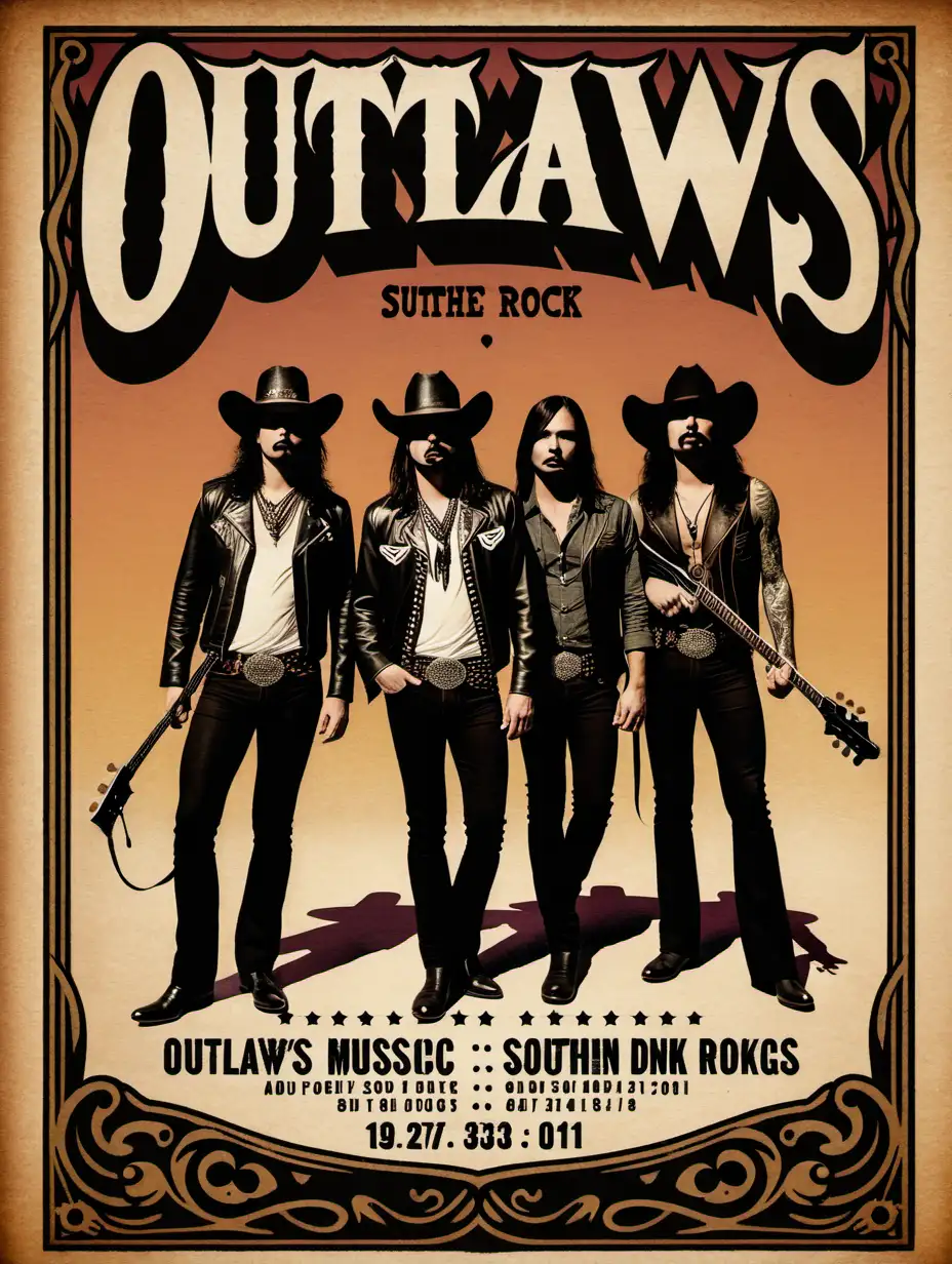 rock music show poster themed "outlaws" covering indie rock, southern rock, punk rock, and glam rock songs