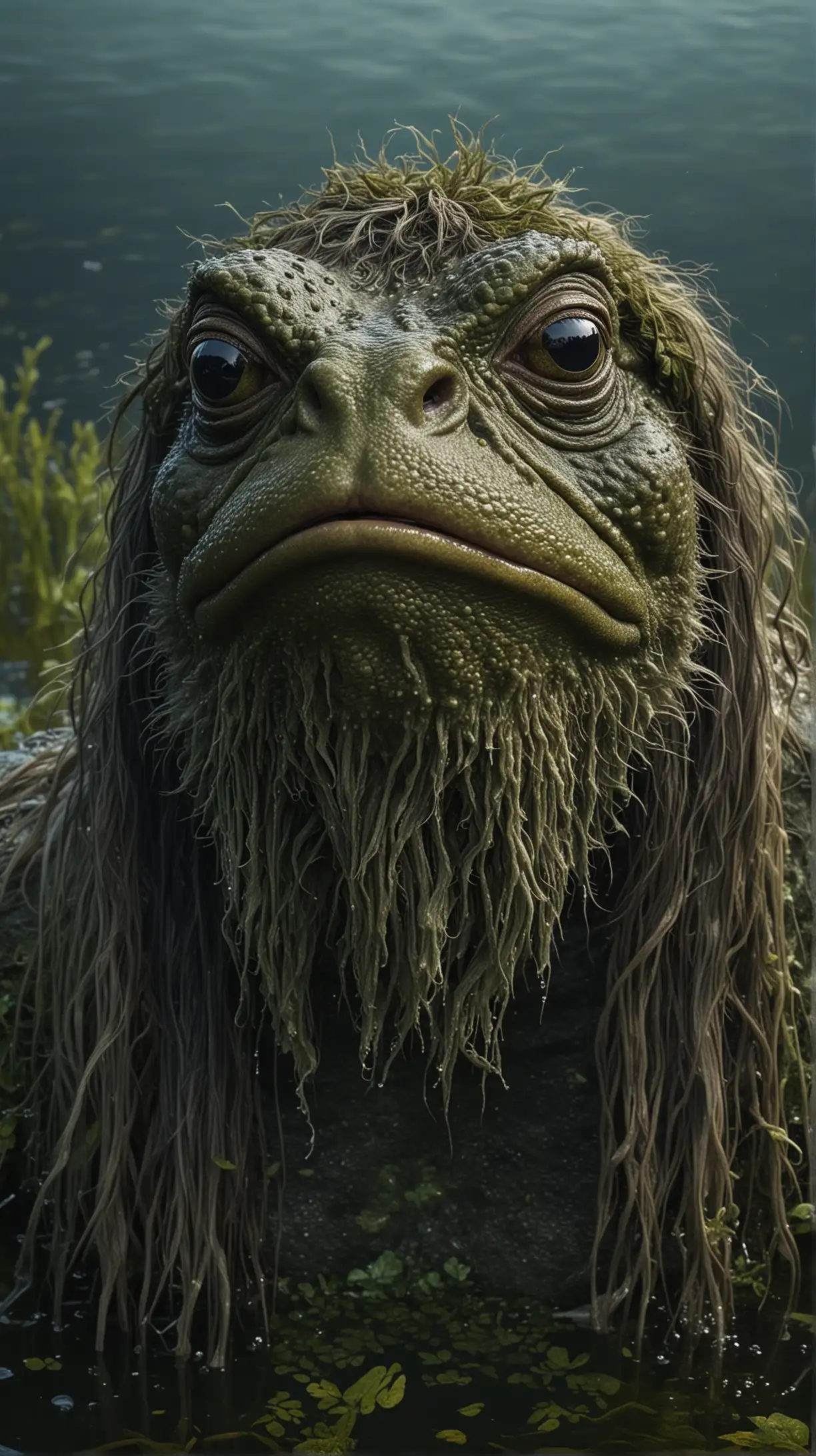 dark horror style, old male ugly frog-like face, greenish beard, and long hair, with his body covered in algae and muck, usually covered in black fish scales, marshy lake on background, night, hyper-realistic, photo-realistic
