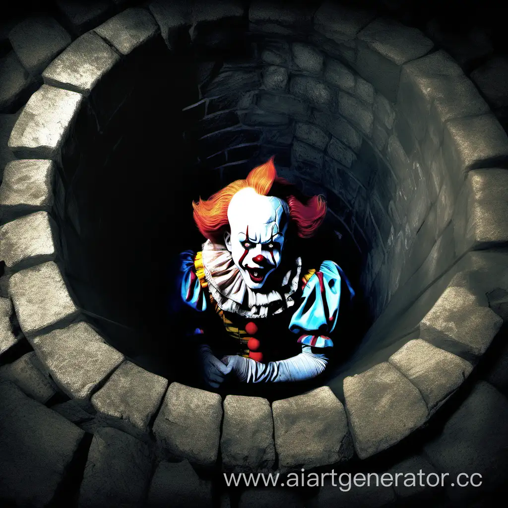 Цифровой арт, Клоун Пеннивайз вылезает и
выглядывает из старого колодца, который находится в старом подвале, видно только голову и руки