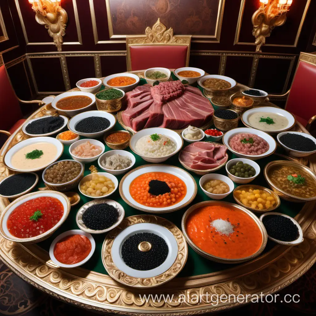царский стол в русских хоромах на нем икра пряности мясо каши супы
