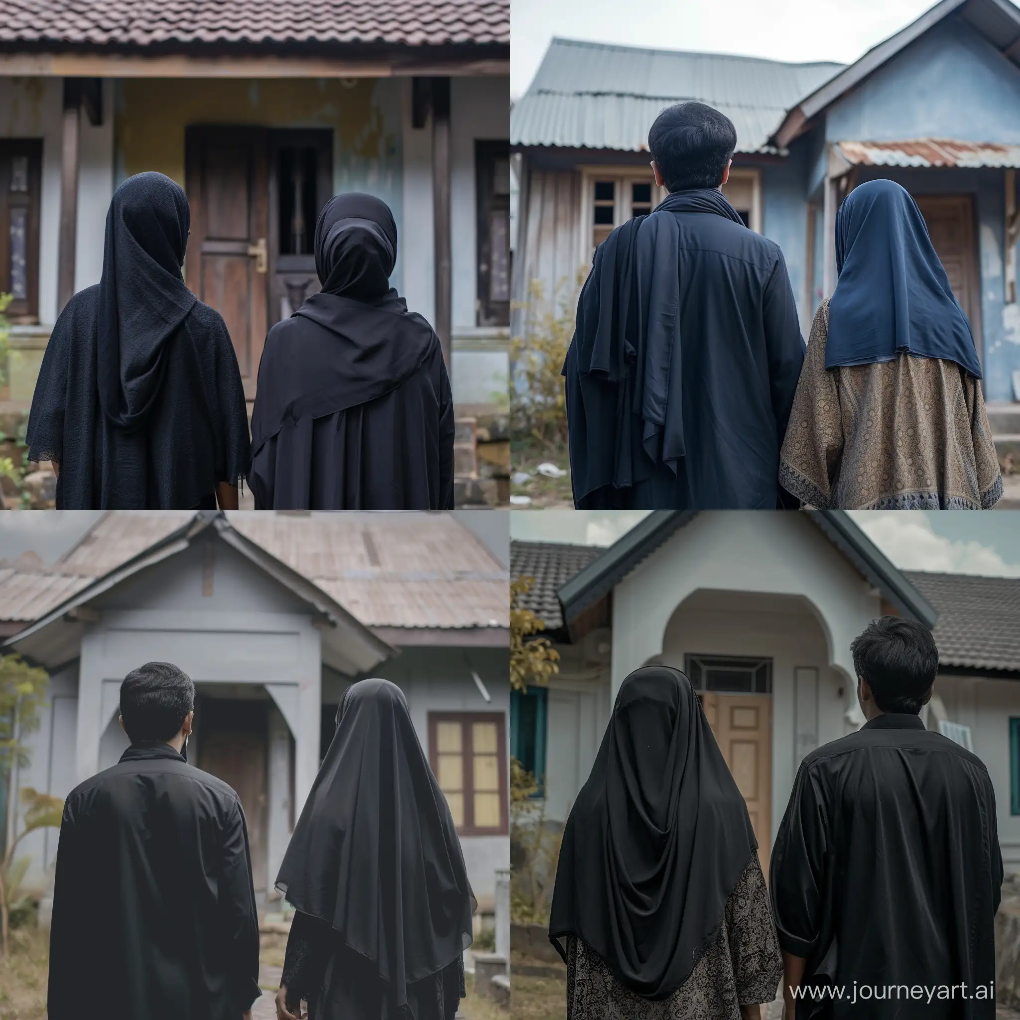 A man and woman wearing Indonesian hijabs, looking at a simple house, standing in front of the door,  from behind view, movie horor scene