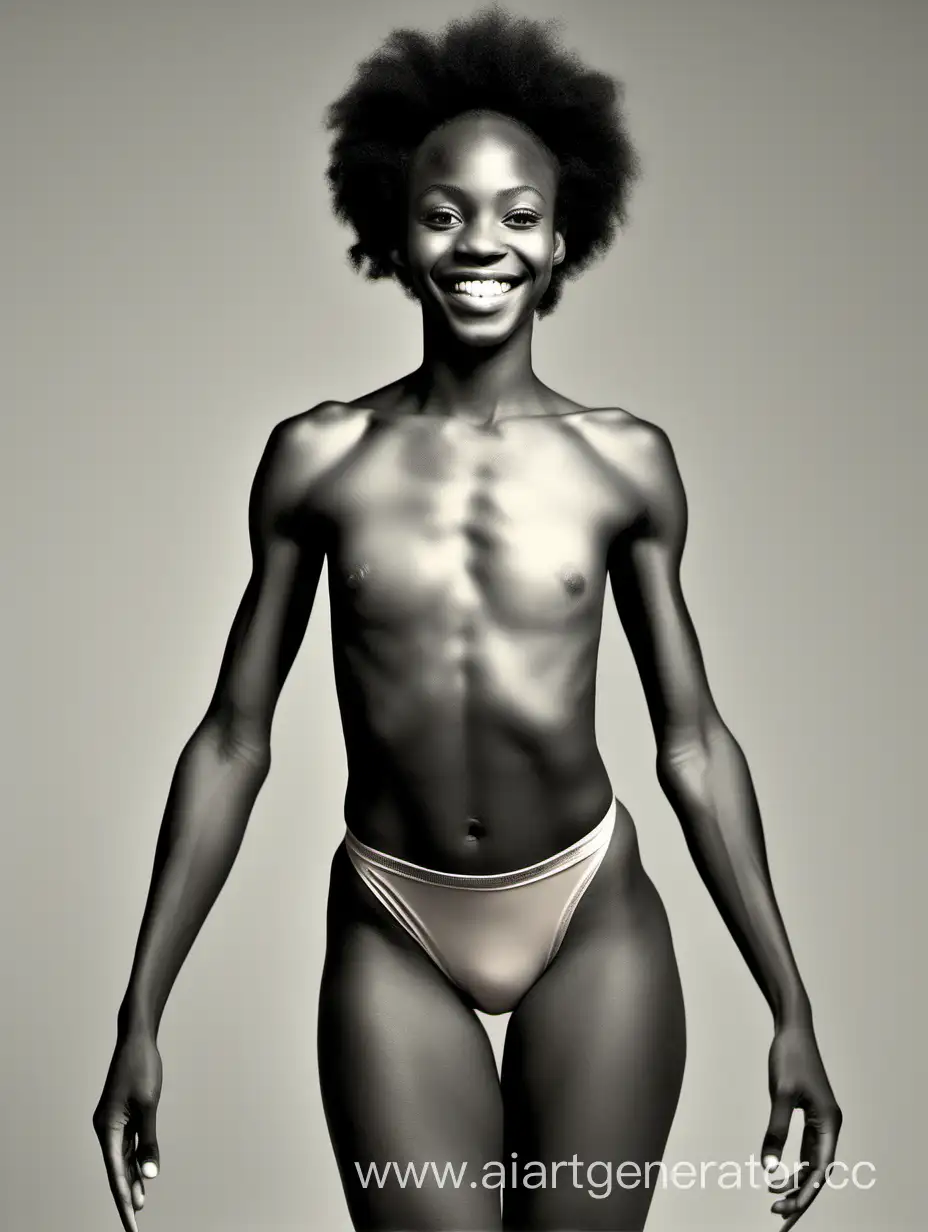 Full-length skinny smiling African fully naked young female gymnast with a narrow waist, wide pelvis, muscular legs and hairy crotch