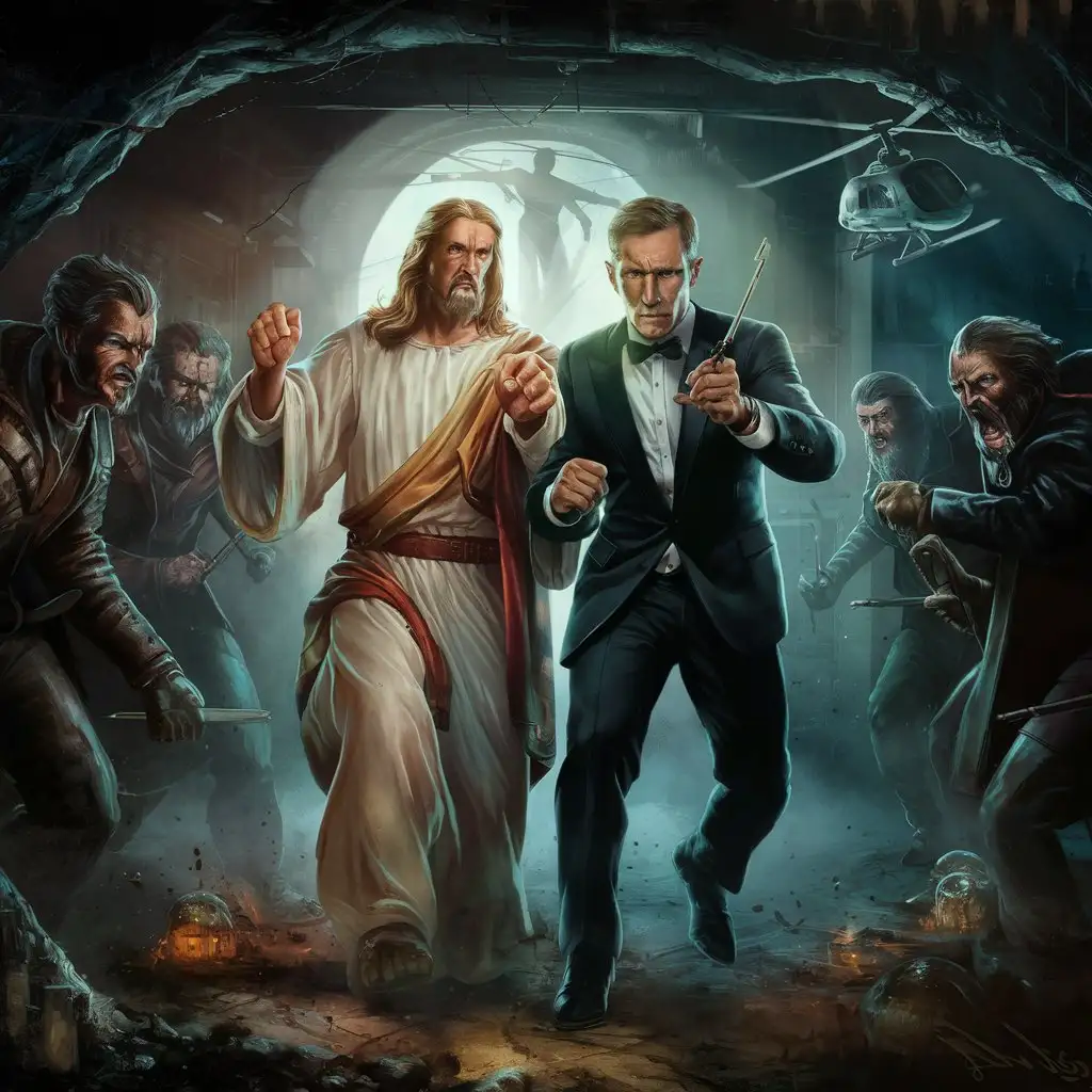 James bond and Jesus join forces and fight the bad guys 