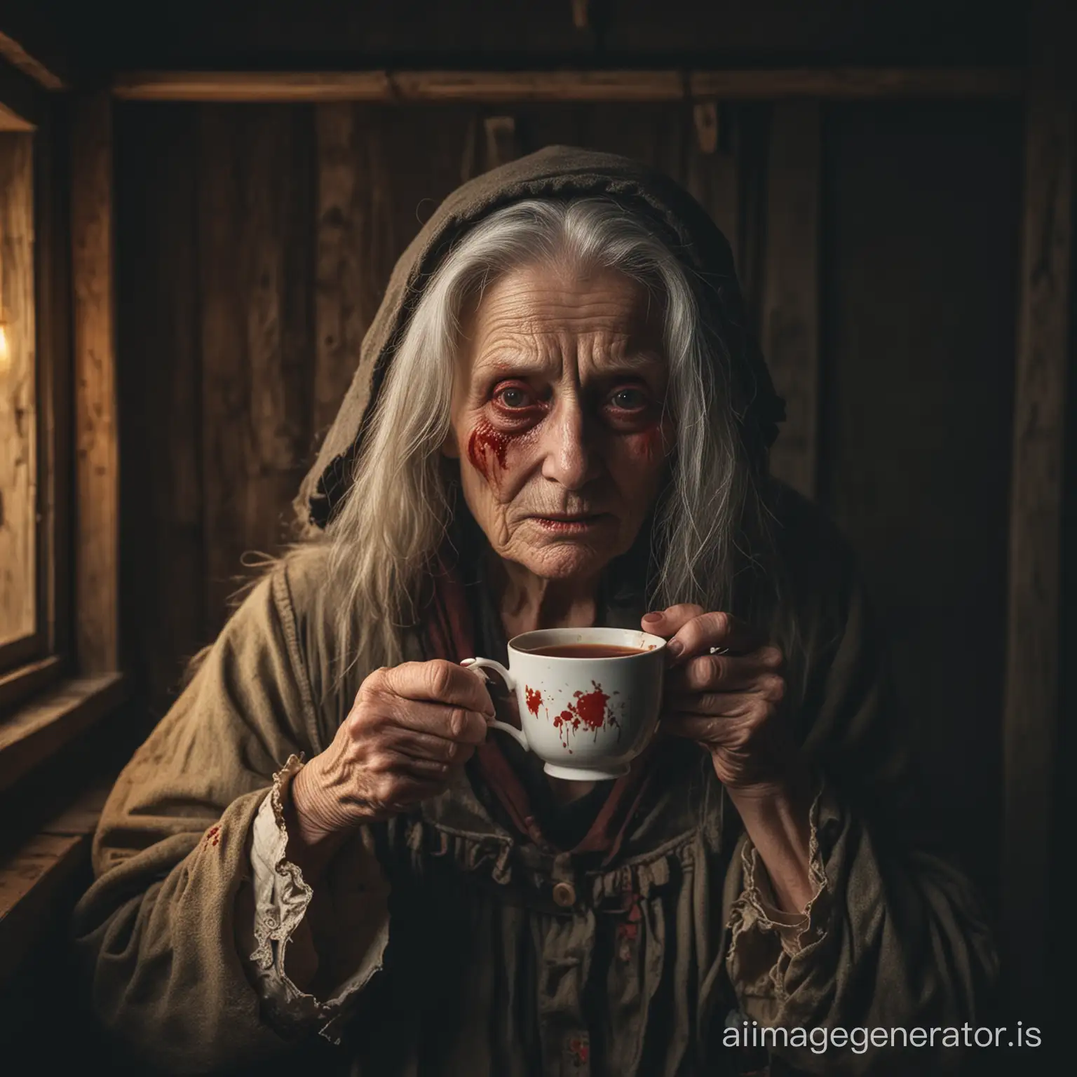 an old bloody women with no eyes at night time in a cabin holding tea cup