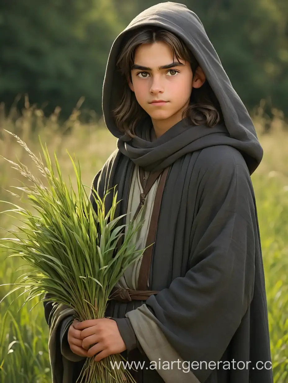 Medieval-Teen-Boy-Gathering-Herbs-in-Dark-Cloak