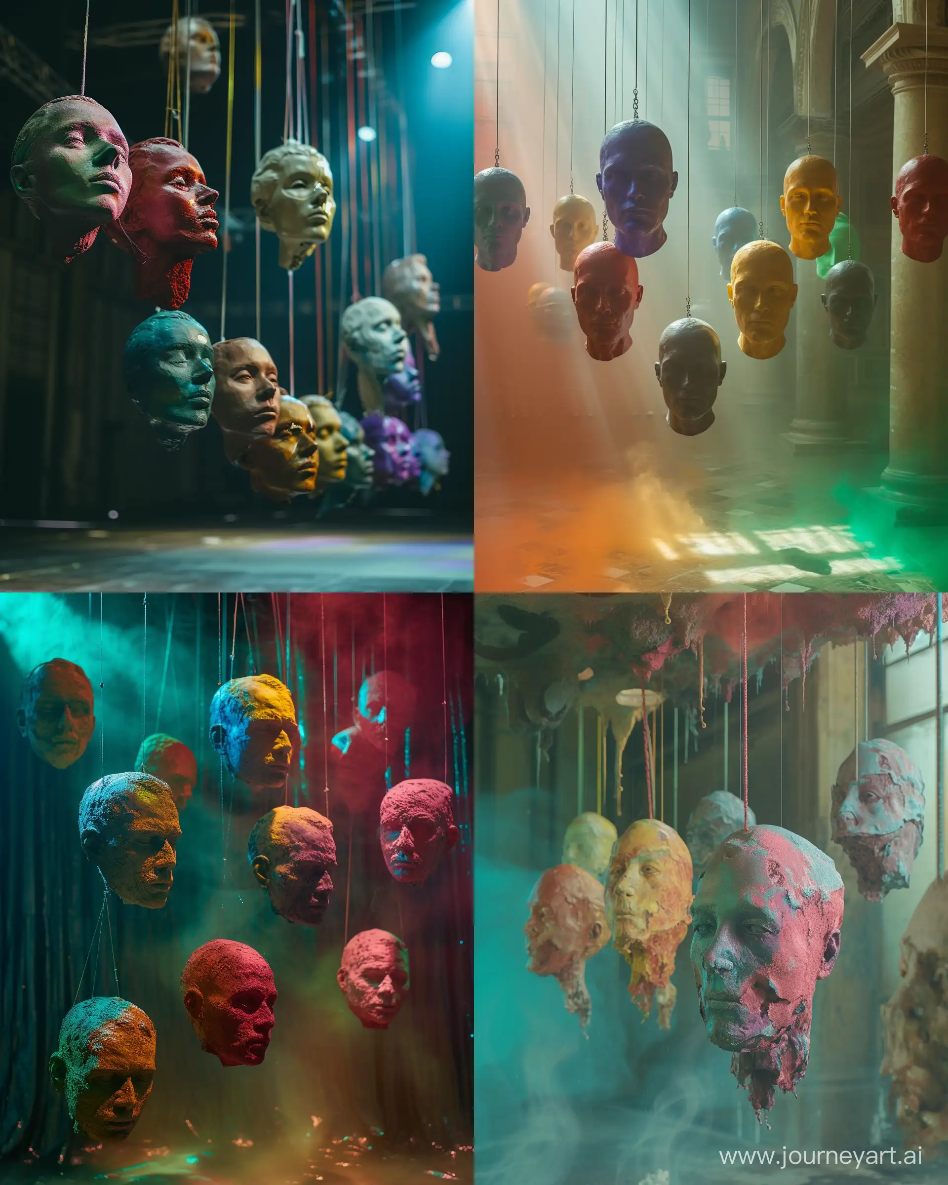 surrealistic staged photography of a magical atmosphere with Suspended colorful surrealistic human head sculptures , magical --ar 4:5