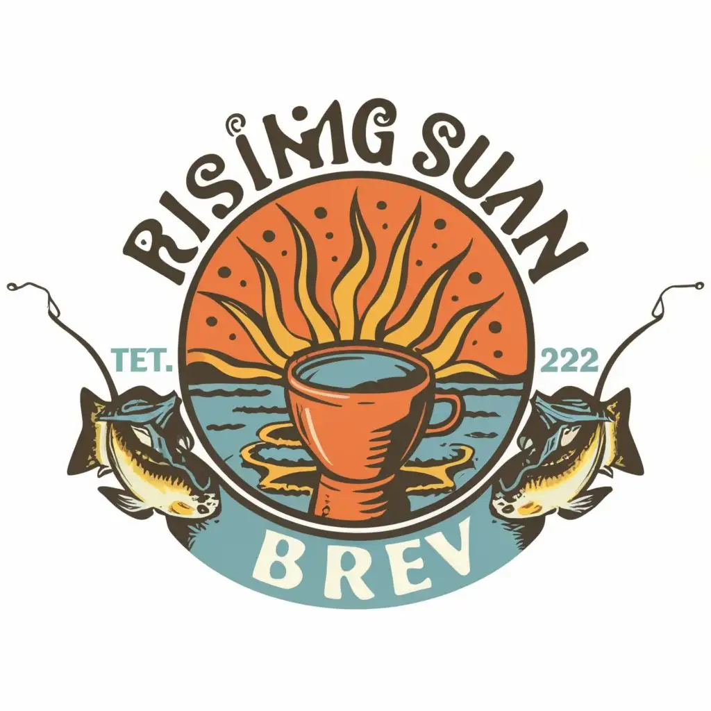 logo, Coffee Cup , Sun , outdoors
fishing rod
, with the text "Rising Sun Brew", typography