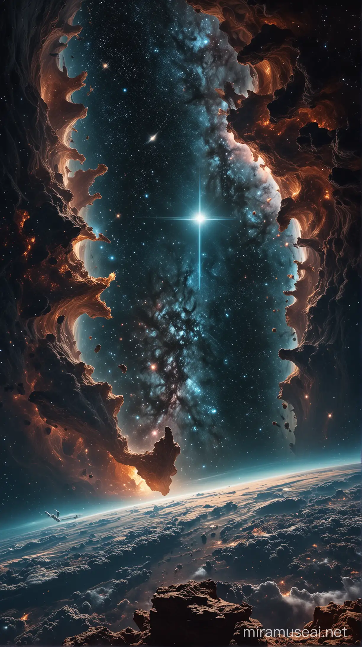 Create an otherworldly and awe-inspiring scene set in a distant corner of the universe. Show a vast expanse of space stretching endlessly into the distance, punctuated by distant stars, nebulae, and galaxies swirling in cosmic dance. Include celestial bodies of varying sizes and shapes, each emitting its own unique glow and energy. Depict surreal landscapes and fantastical structures floating amidst the void, defying the laws of physics and imagination. Capture the sense of wonder and exploration as spacecraft glide gracefully through the cosmic tapestry, their sleek forms blending seamlessly with the ethereal backdrop. Ensure that the scene evokes a sense of mystery, grandeur, and infinite possibility, inviting viewers to contemplate the wonders of the cosmos and their place within it."