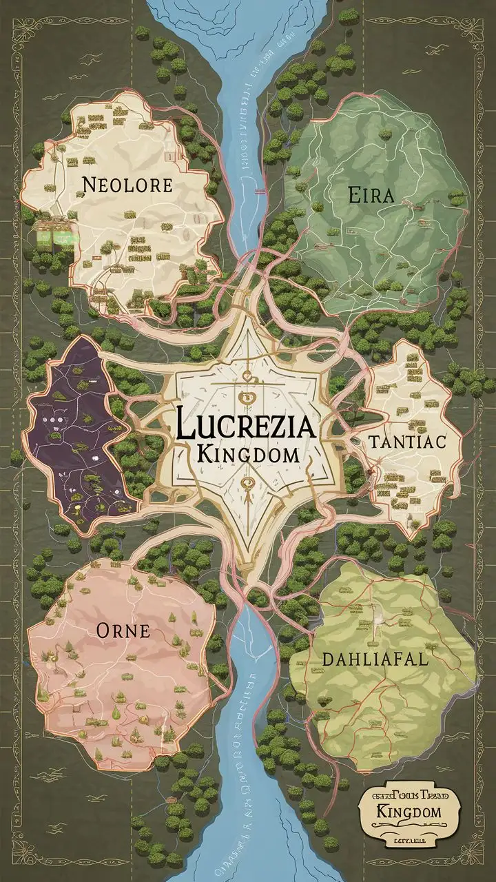 Lucrezia Kingdom serves as the capital consisting of the regions of Neolore (east/trade), Eira (north/snow), Tantiac (southwest/mines), Orne (south/forest), and Dahliafall (west/plantations). Lucrezia is located in the center of the kingdom, along a major river that serves as the main trade route. Here's the division of the kingdom's territories.