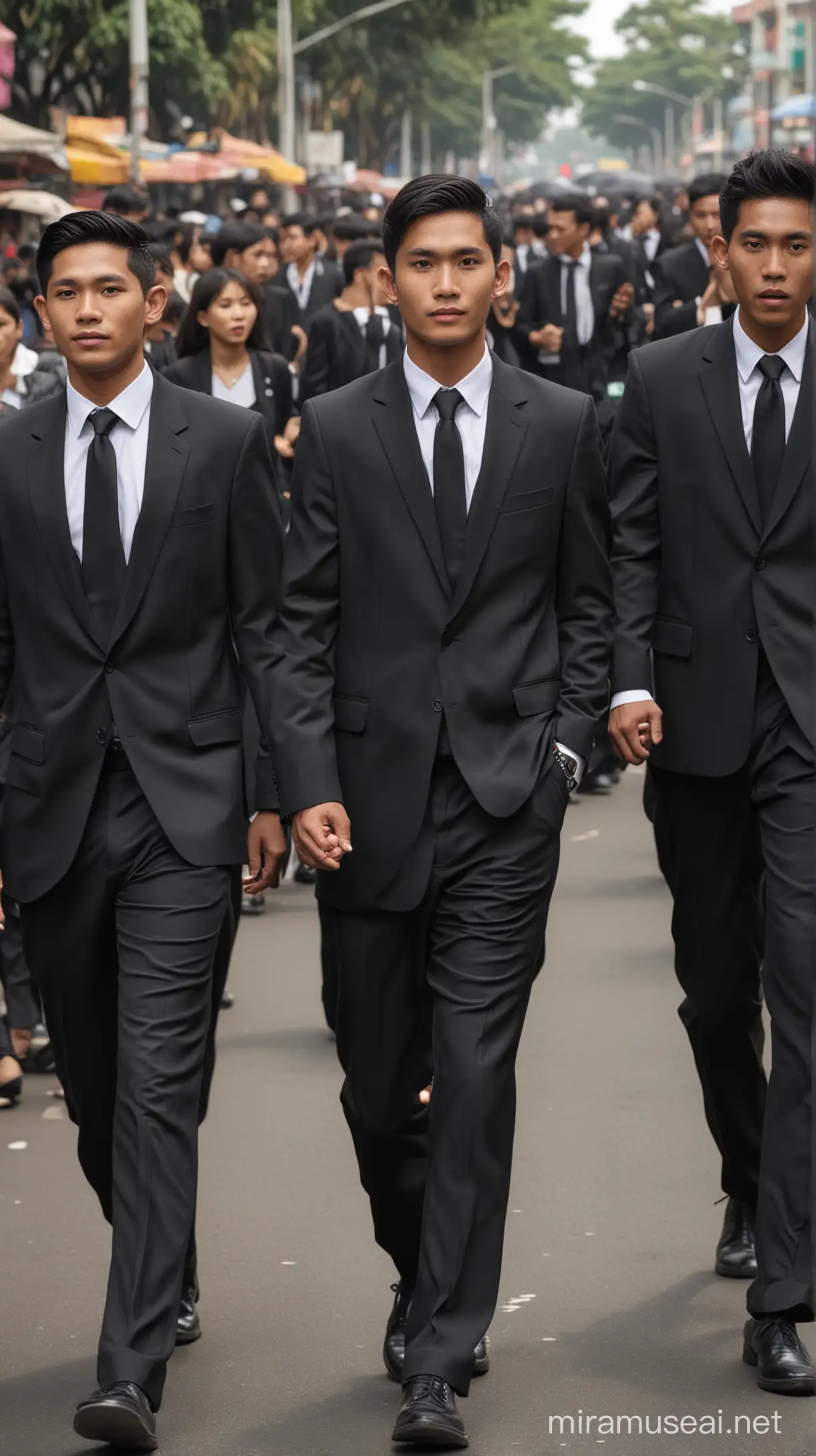 Seorang laki laki bernegara indonesia usia 25 tahun berbaju jas hitam dan 2 orang teman teman laki laki nya di belakang nya berbaju jas hitam semua sedang berjalan di kerumunan 