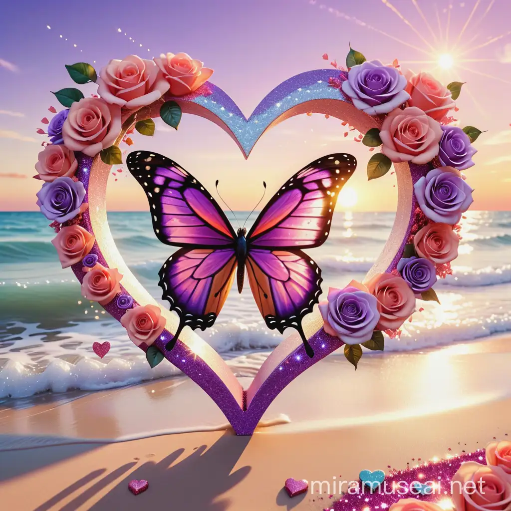 detailed wing butterfly, two tone colored roses in purple and coral, sunny beach with sun rays and crashing waves, glitter heart, glitter, sparlke, shine, glowing