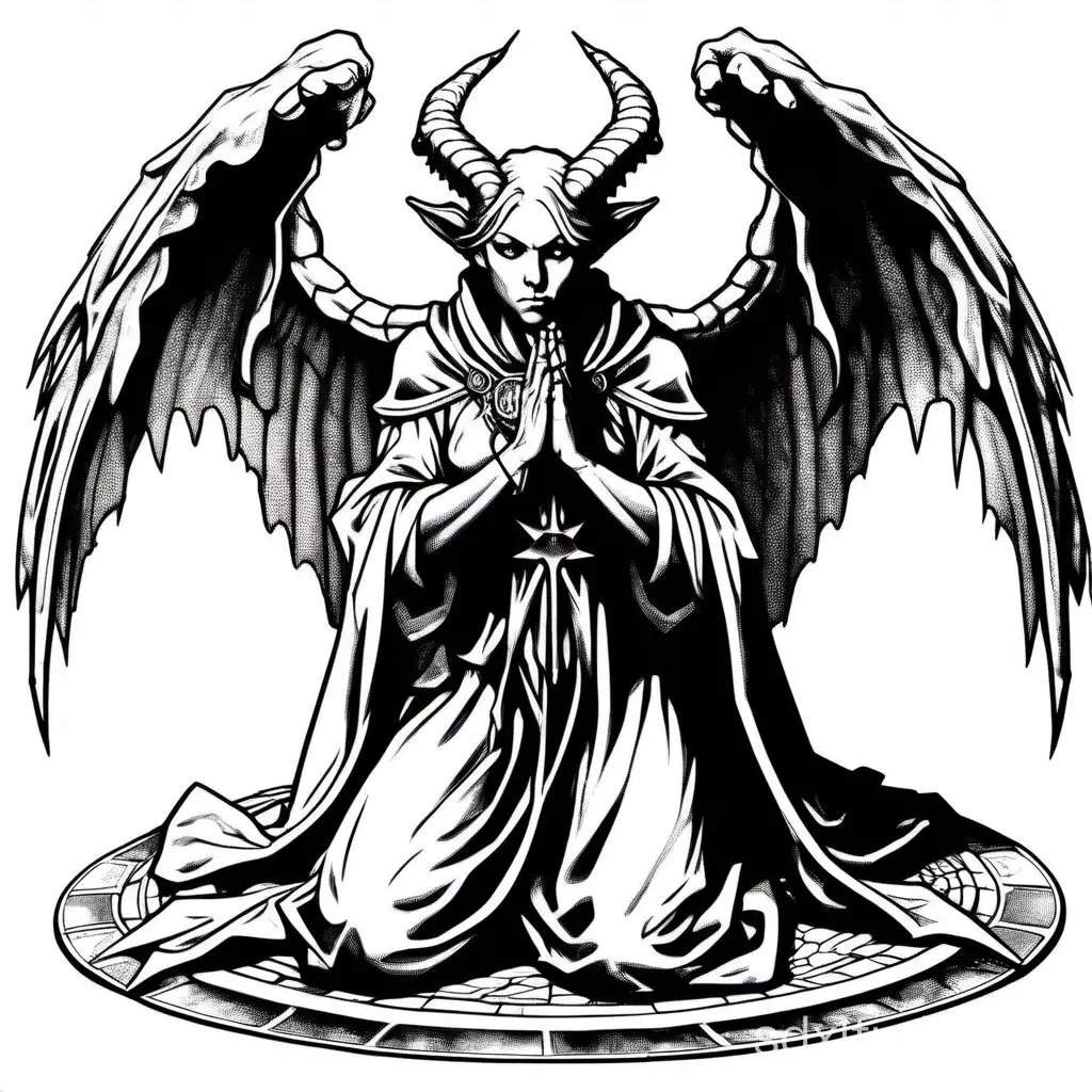 style of 1980 Dungeons and Dragons, plain white background, a tiefling:angel praying, isolated in white, 1bit bw,