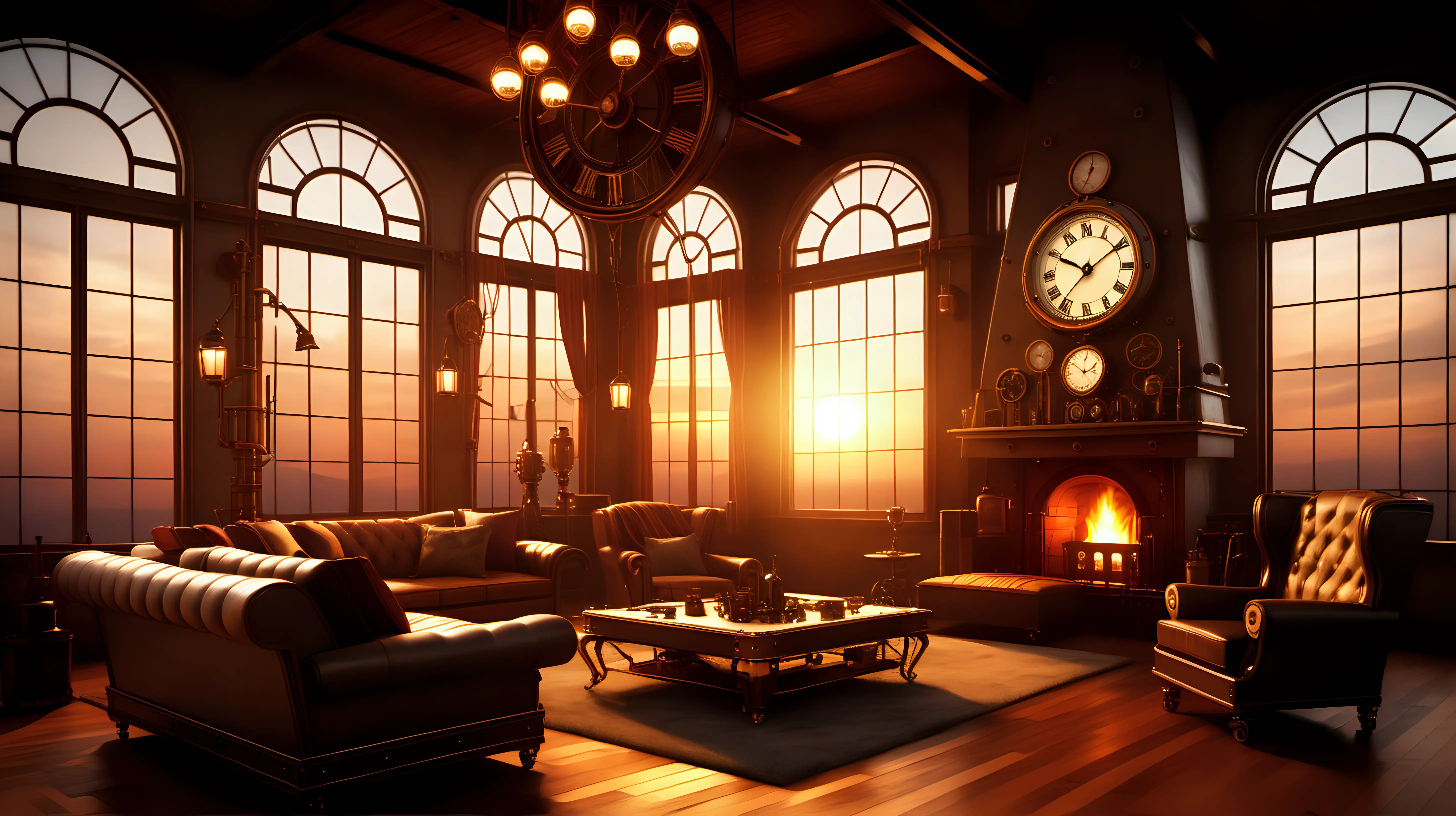 A Steampunk living room with two-story ceilings, one fireplace and windows at sunset, warm lighting, photo-realistic quality.
