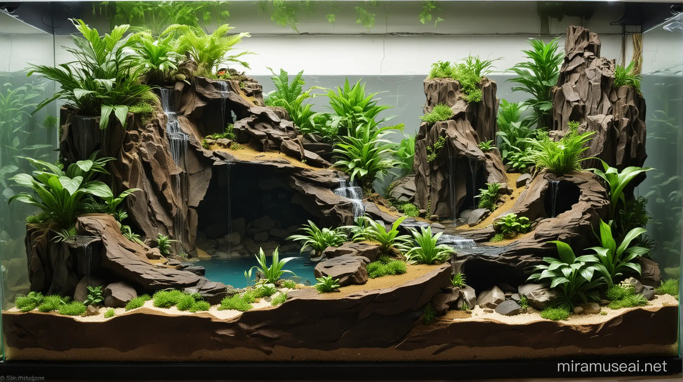 A snake tropical 130cm x 45cm x 45 cm paludarium with an lakeside and with a high cliff waterfall with flat land area and two caves.