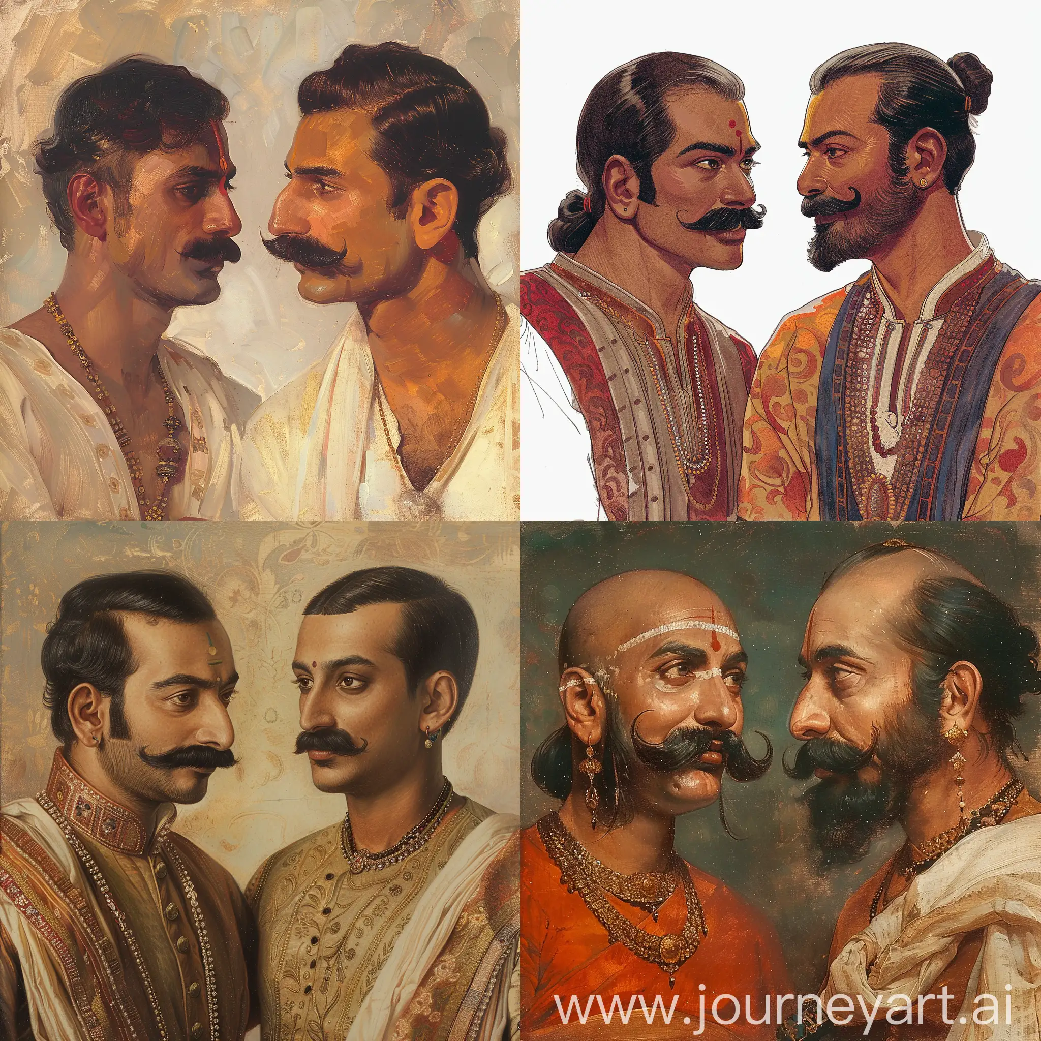 Year is 1600 CE. Imagine two rajput men who are talking calmly to each other. Both have moustache and clean shaved