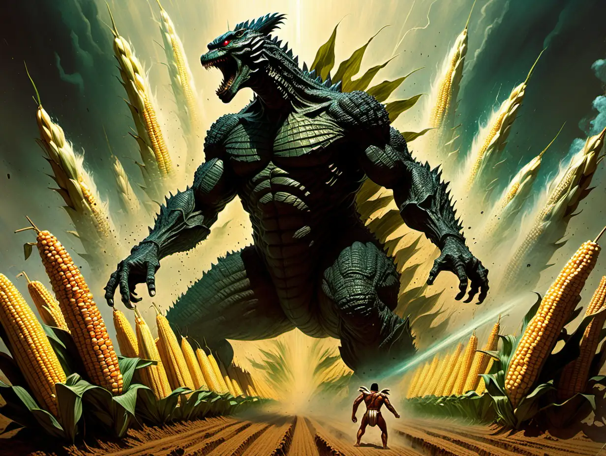 Cyberpunk Depiction of Godzillas Rampage in Ancient Egyptian Cornfield