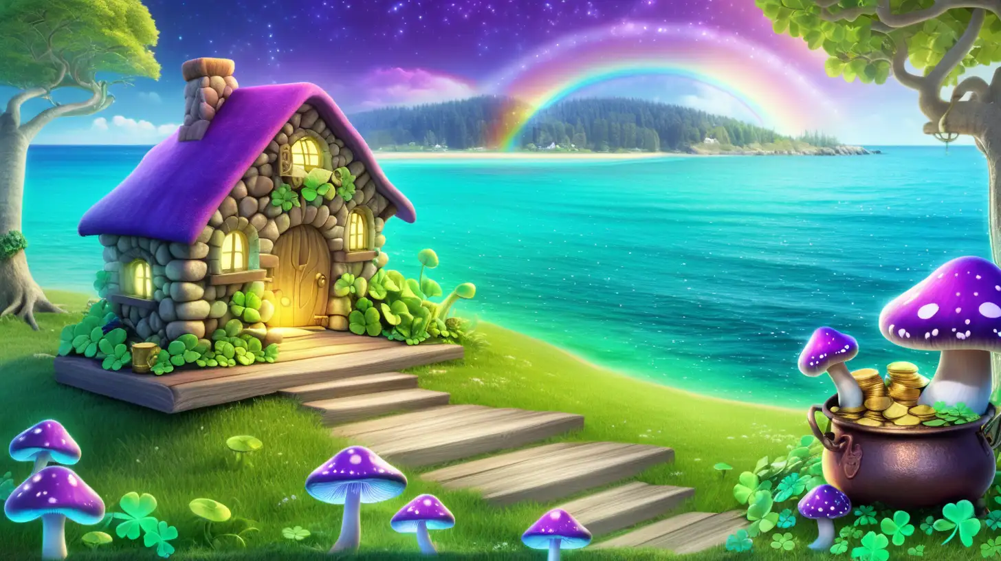 magical bookshelves and shamrocks with magical -glowing-purple-green-mushrooms. Fairytale-magical trees in front of bright-blue-ocean shore and Bright -fairytale cottage with cauldron of gold-coins and rainbow in sky