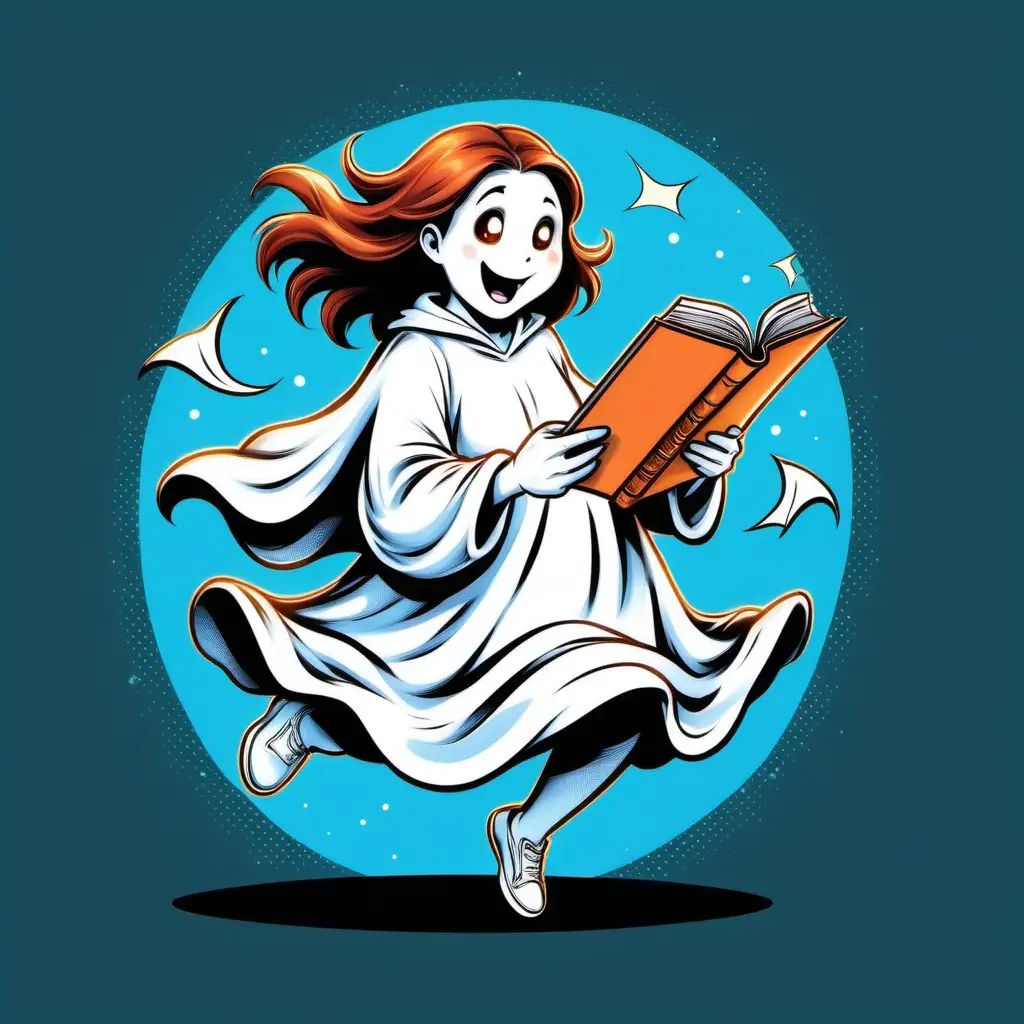Comics cartoon of reading sheet girl ghost, She is reading a book and walks hopping and jumping. with smiles, happiness, cheer up, fancy and beautiful.
